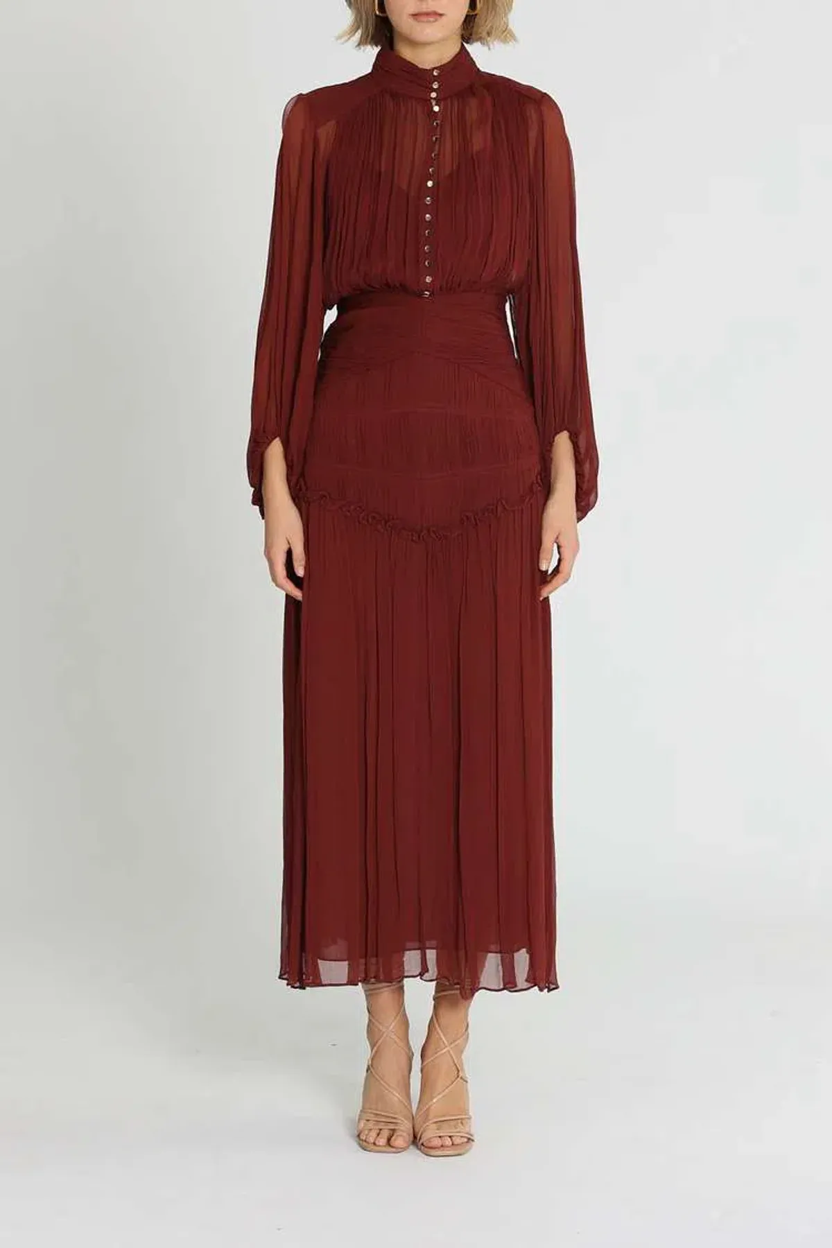 Shona Joy Safira Button Up Ruched Midi Dress Sangria Burgundy Size 6 - Image 1