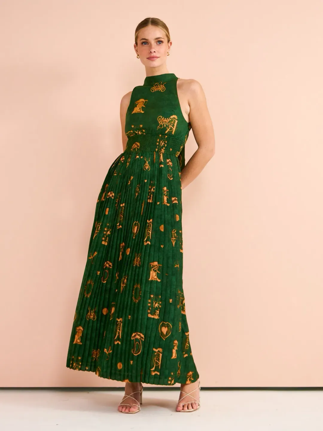 Kate Ford Manisa Pleated Gown In Green Print Size 12 for rent on The Volte - main image