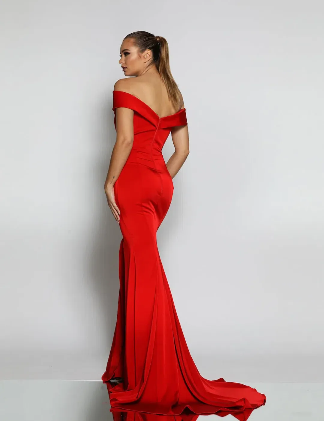 J'Adore Eva JX003 Off Shoulder Gown Red Size 14 for rent on The Volte - main image