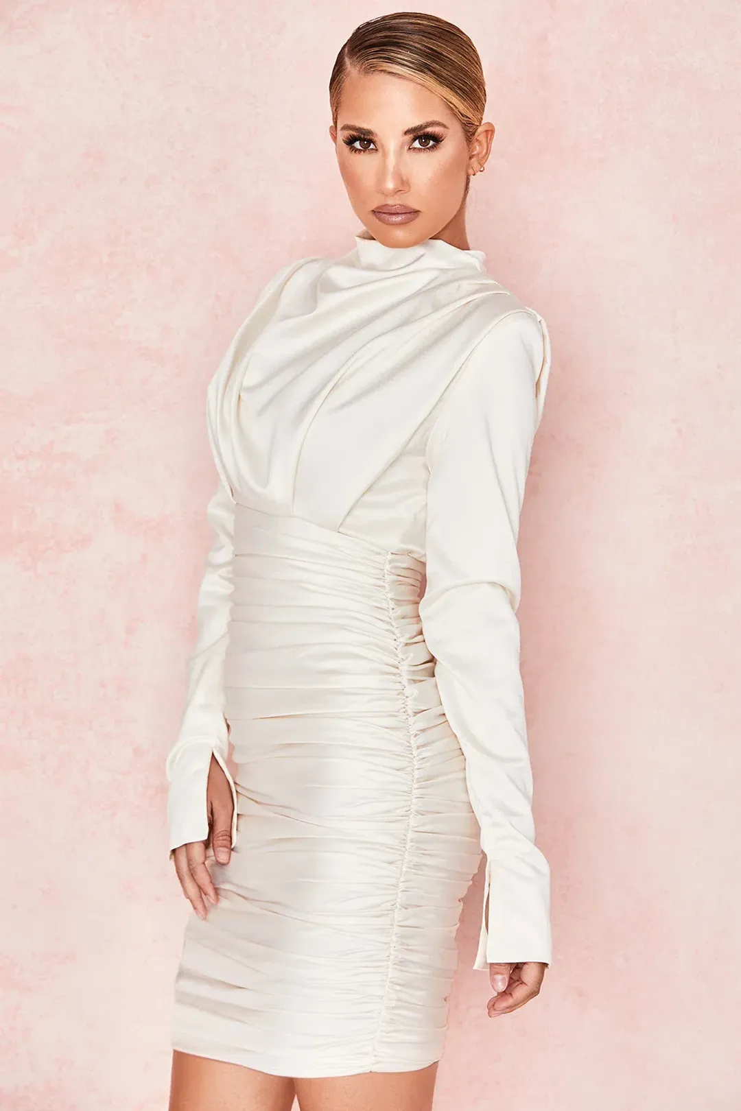 House of CB Giorgiana Satin Draped Mini Dress in Ivory Size L / AU 12 for rent on The Volte - main image