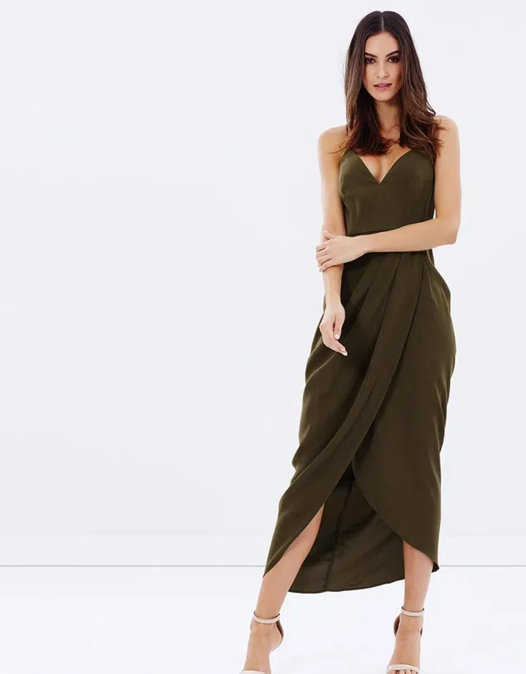 Shona Joy Core Cocktail Draped Maxi Dress Khaki Size 14  for rent on The Volte - main image