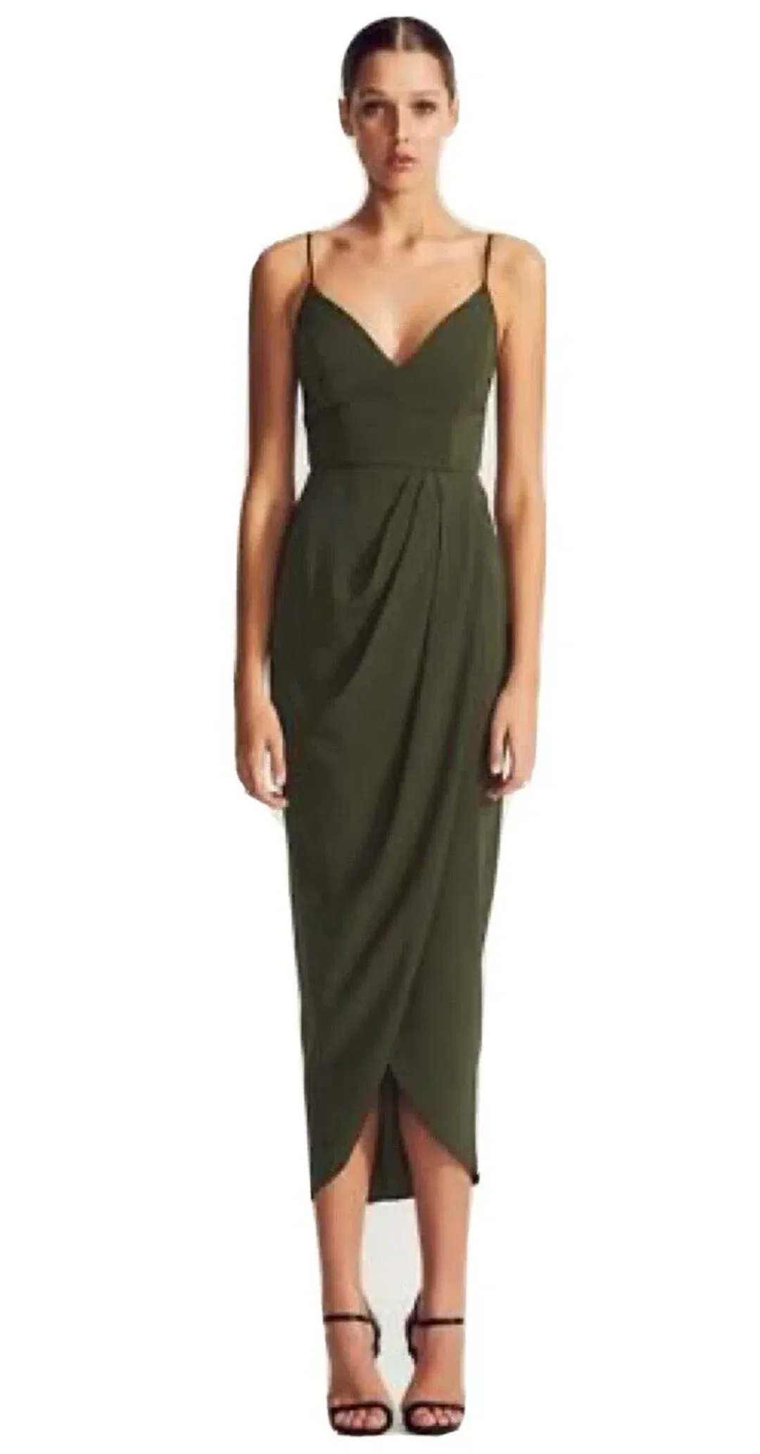 Shona Joy Core Cocktail Draped Maxi Dress Khaki Size 14  for rent on The Volte - main image