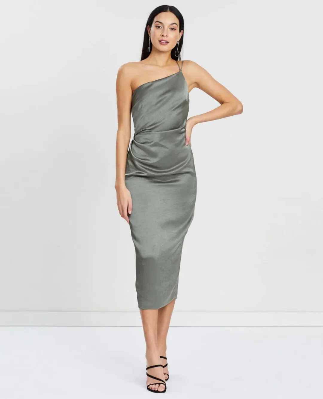 Bec & Bridge Mila Asymmetric Midi Dress Khaki Size 6 for rent on The Volte - main image