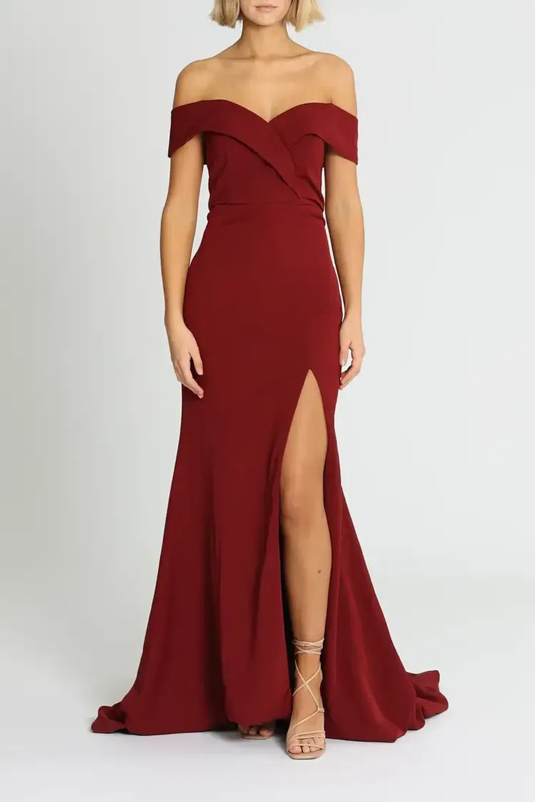 Samantha Rose Gia Off Shoulder Gown Wine Burgundy Size 14 for rent on The Volte - main image