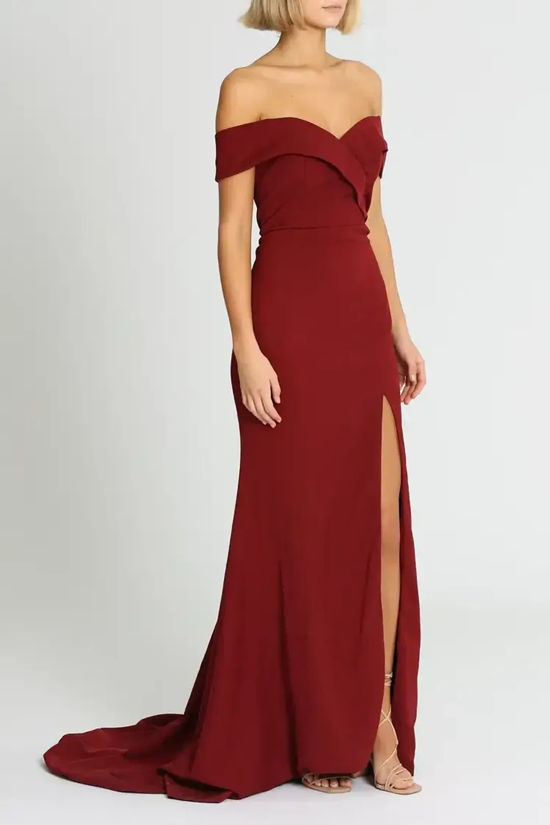 Samantha Rose Gia Off Shoulder Gown Wine Burgundy Size 14 for rent on The Volte - main image