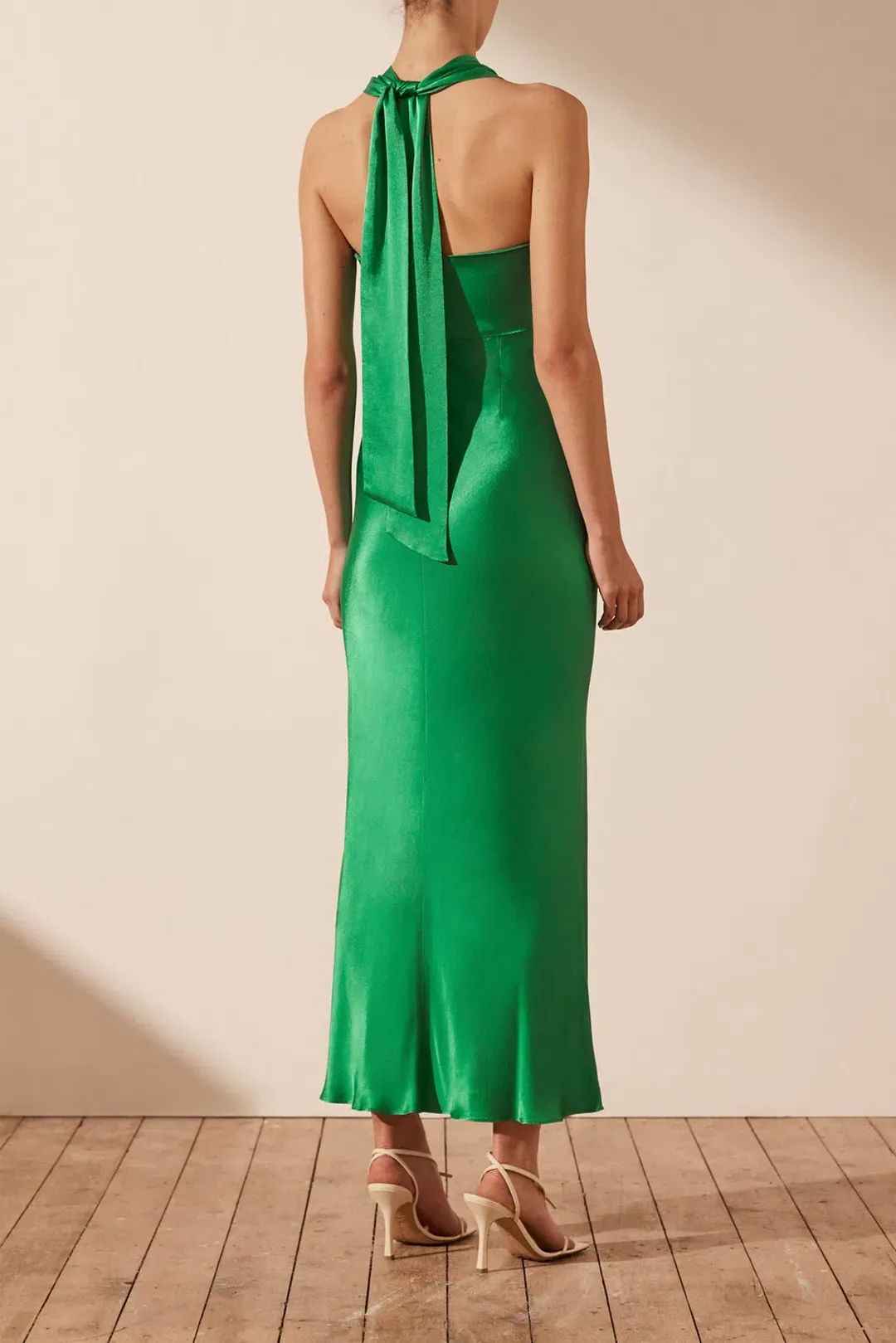 Shona Joy Lana Ruched Halter Midi Dress in Tree Green Size 10  for rent on The Volte - main image
