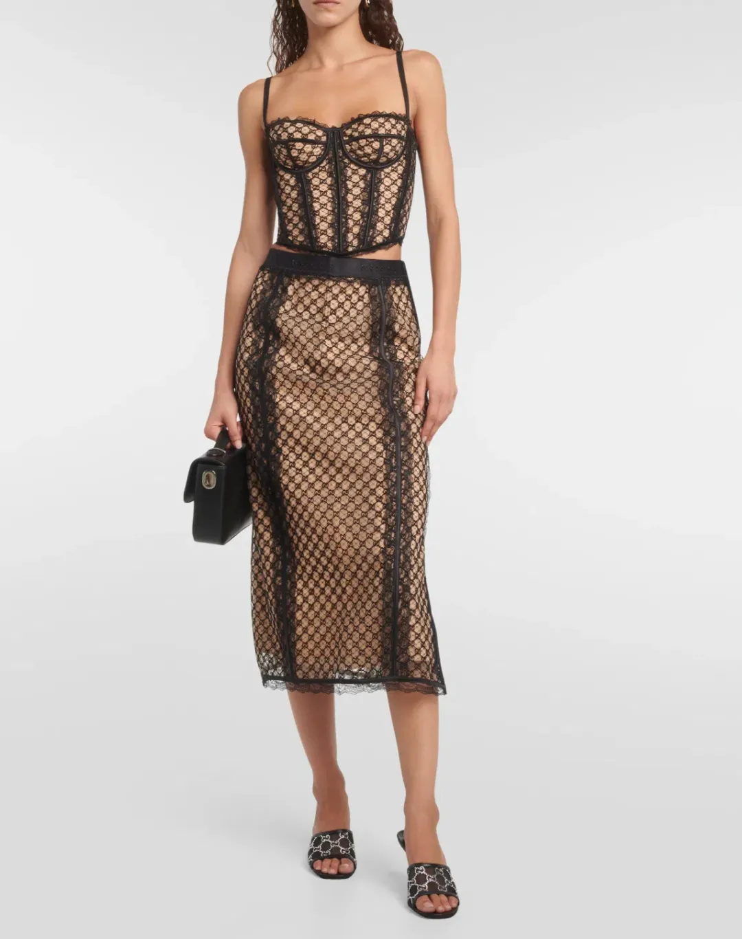 Gucci GG Mesh Lace Corset & Skirt Set Print Size S/8 for rent on The Volte - main image