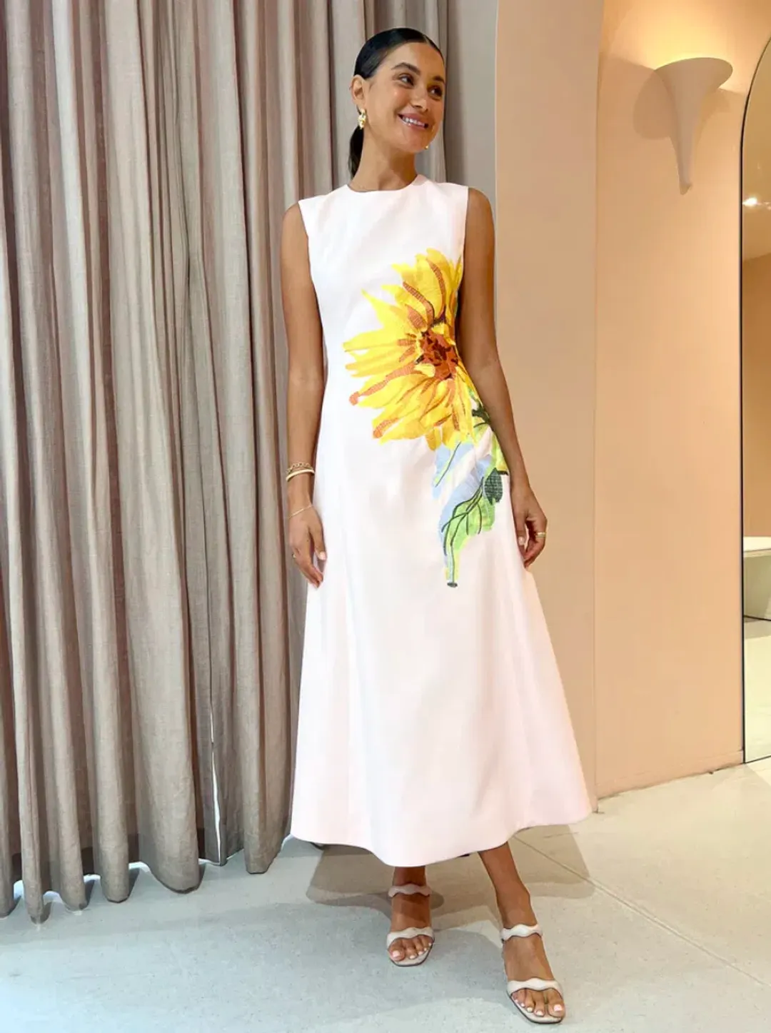Leo Lin Cleo Sleeveless Midi Dress Sunflower Print in Pink Size 14 for rent on The Volte - main image