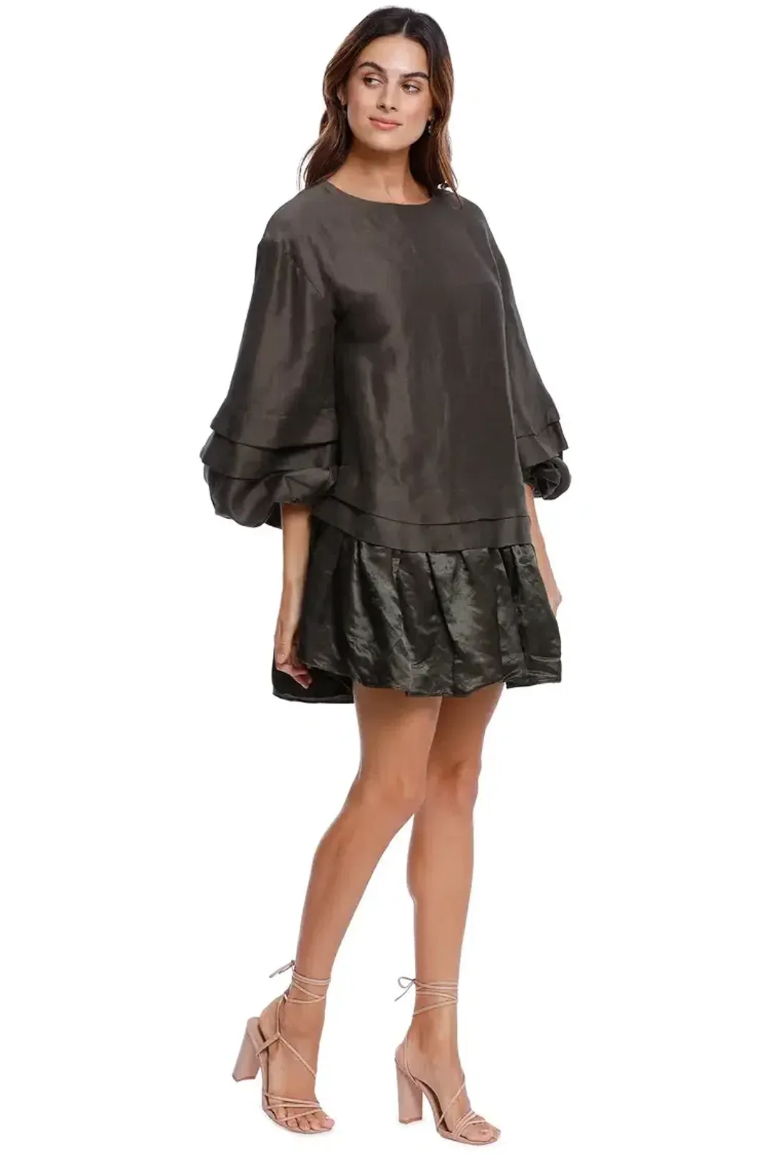 AJE Gracious Smock Dress in Khaki Matte Size 8 for rent on The Volte - main image