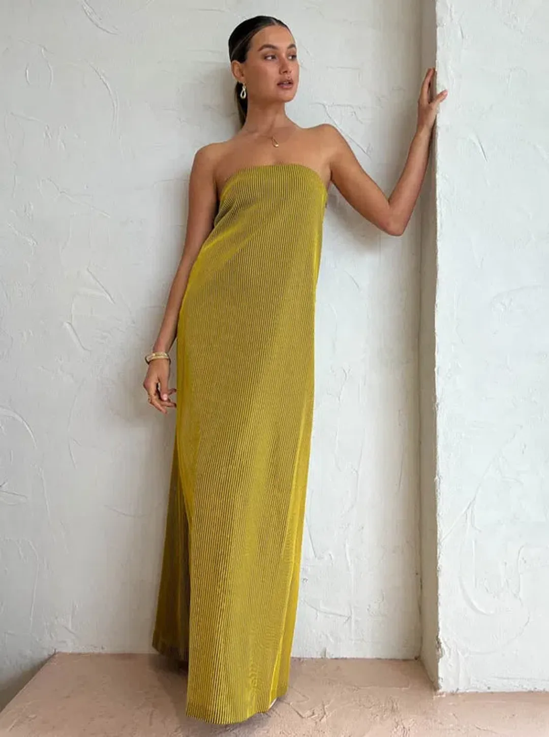 Camilla And Marc Izaro Maxi Dress Strapless In Yellow/Brown Size AU 6 for rent on The Volte - main image