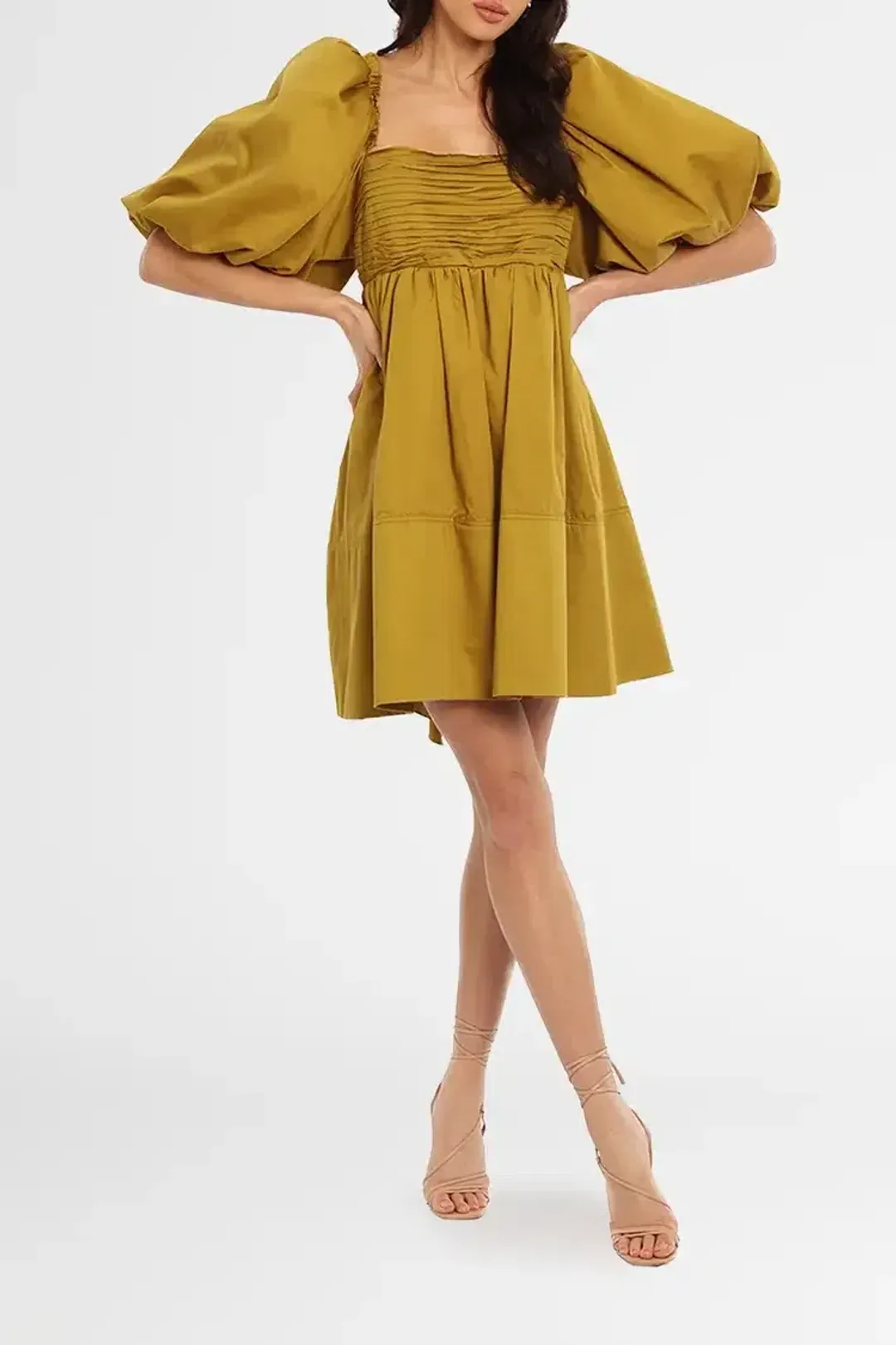 Aje Casabianca Puff Sleeve Mini Dress Olive Green Size 10 for rent on The Volte - main image