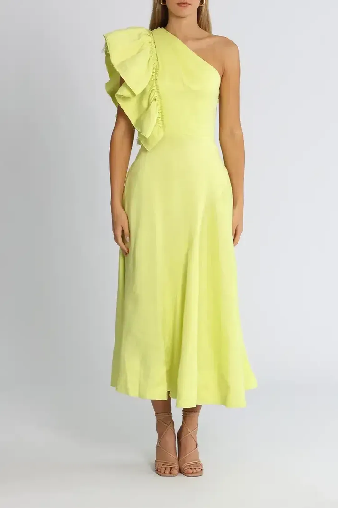 Aje Bonjour Asymmetric Midi Dress in Lime Green Size 8 for rent on The Volte - main image