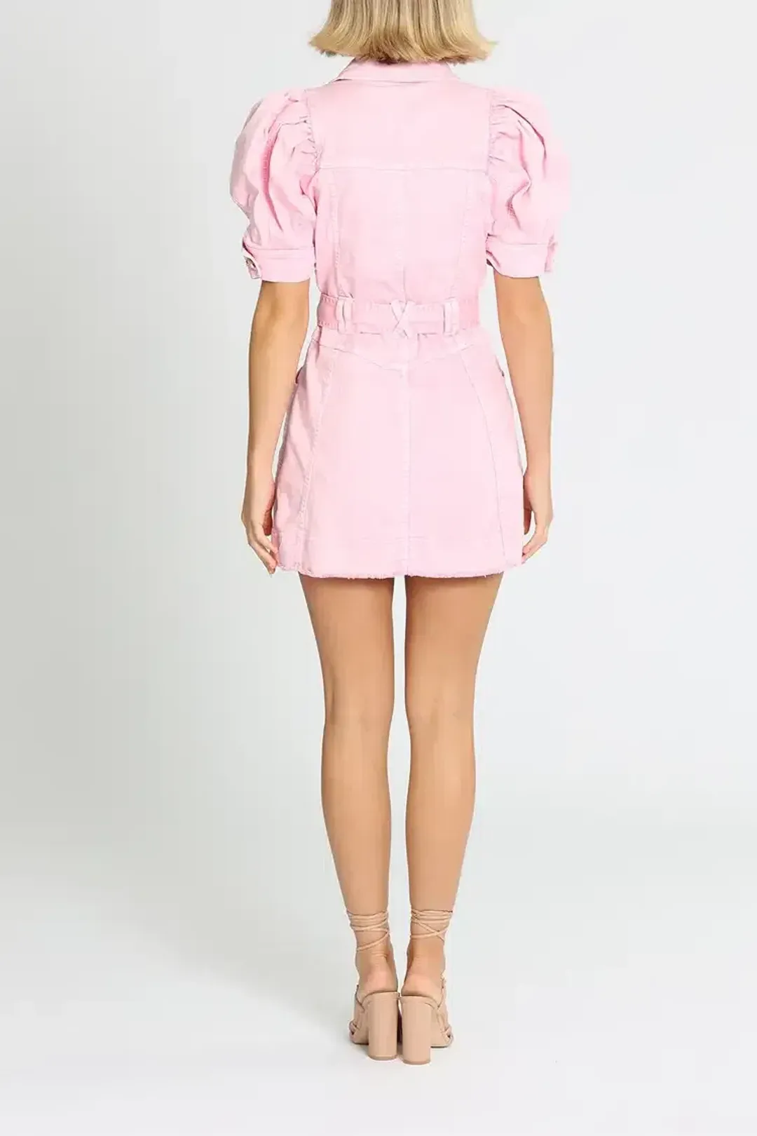 Aje Flora Denim Puff Sleeve Mini Dress Pink Size 10 for rent on The Volte - main image
