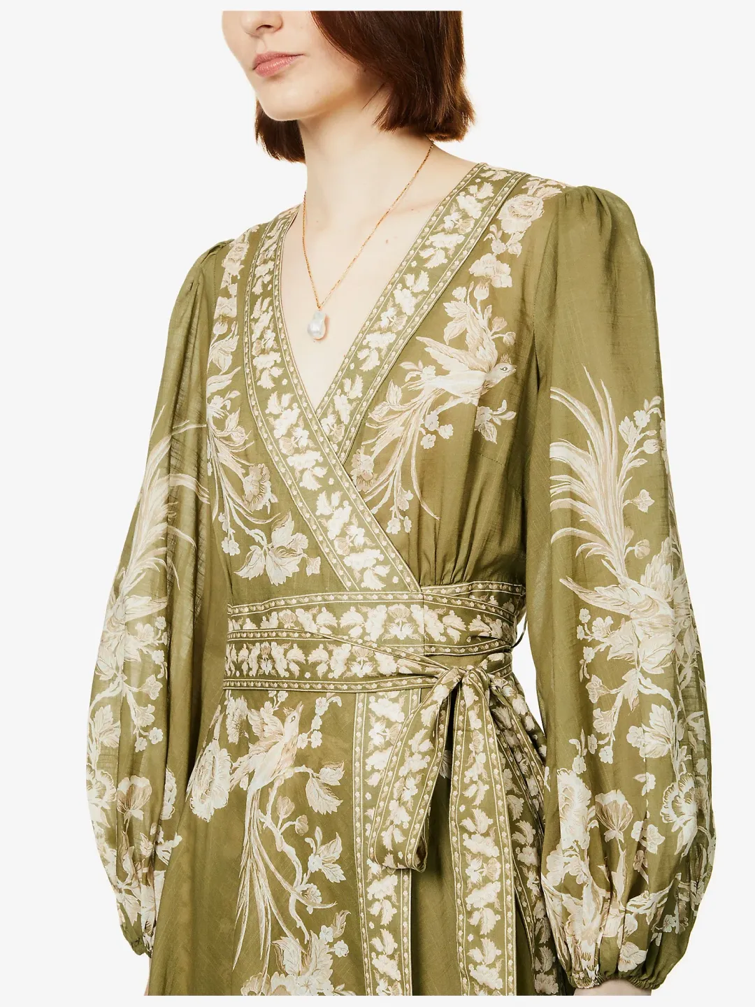 Zimmermann Anneke Floral Print Cotton Voile Wrap Midi Dress in Army Green Size 0/AU 8 for rent on The Volte - main image