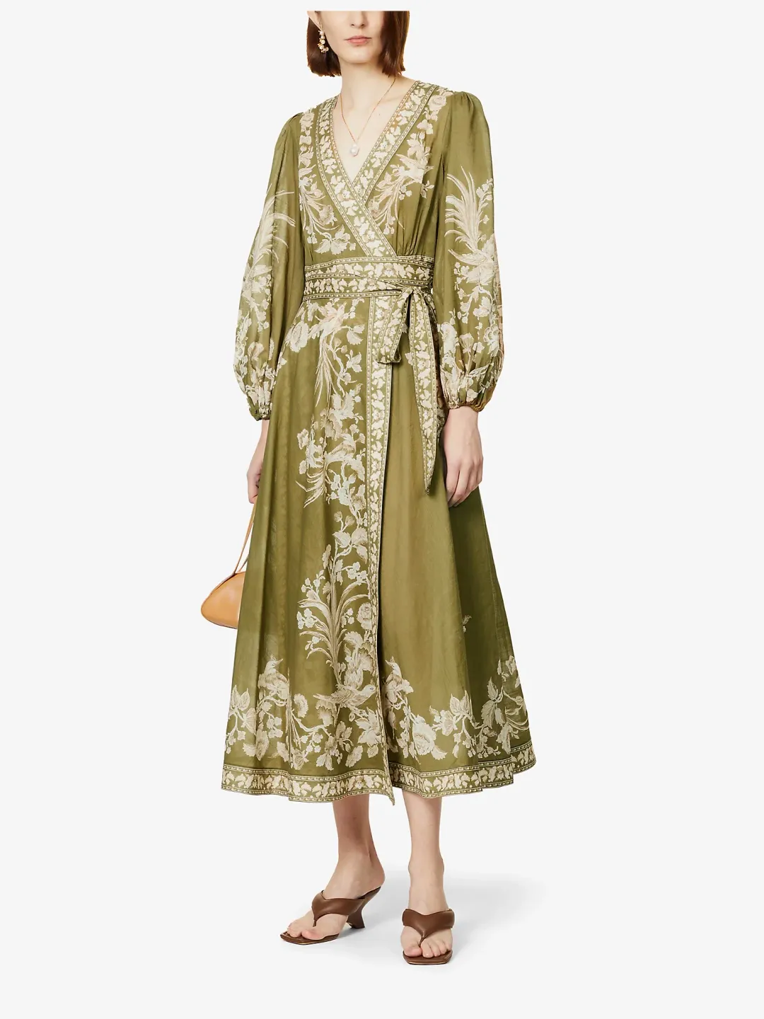 Zimmermann Anneke Floral Print Cotton Voile Wrap Midi Dress in Army Green Size 0/AU 8 for rent on The Volte - main image