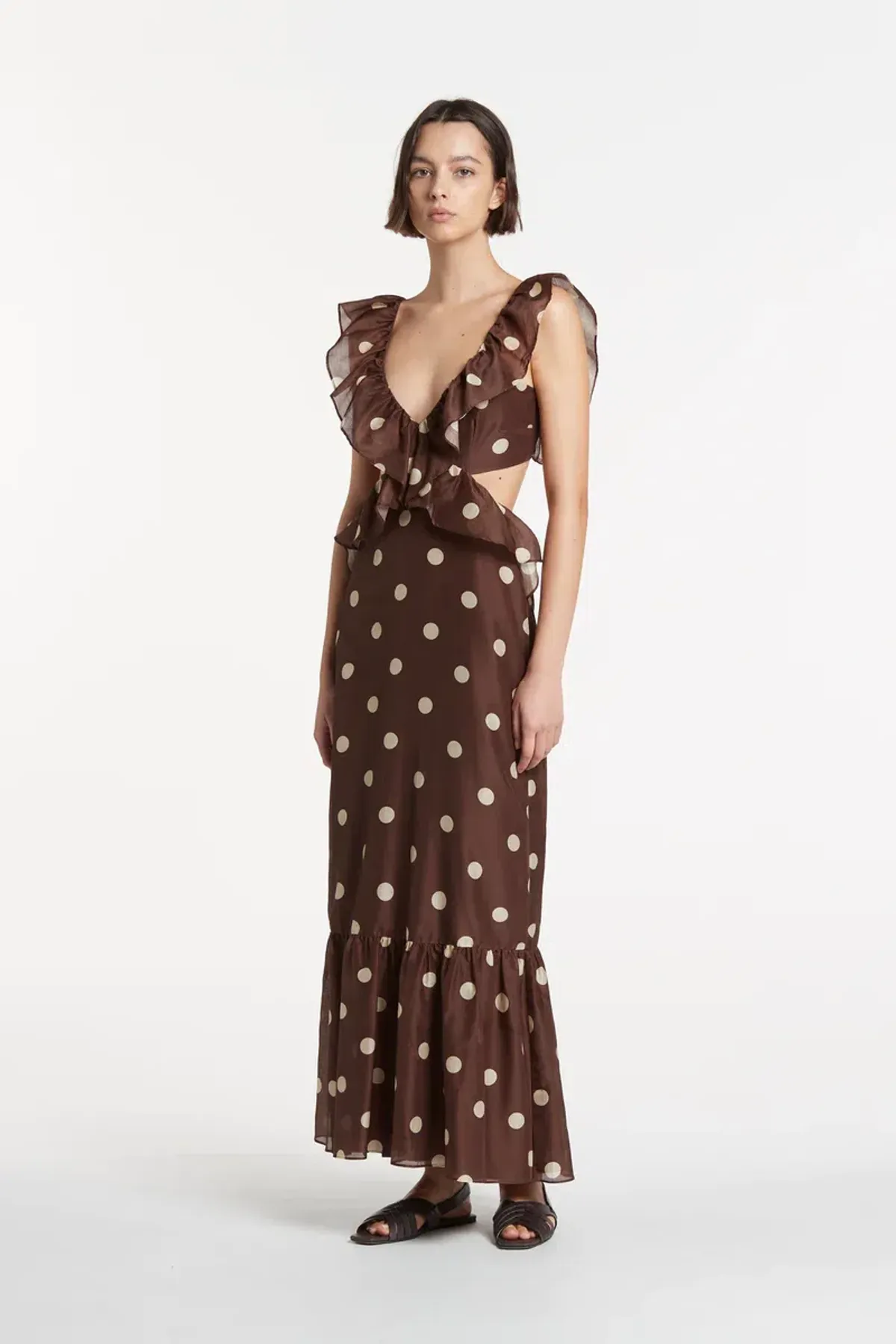 Sir the Label Vivi Frill Maxi Dress in Marlon Polka Dot Brown Size AU 8 - Image 1