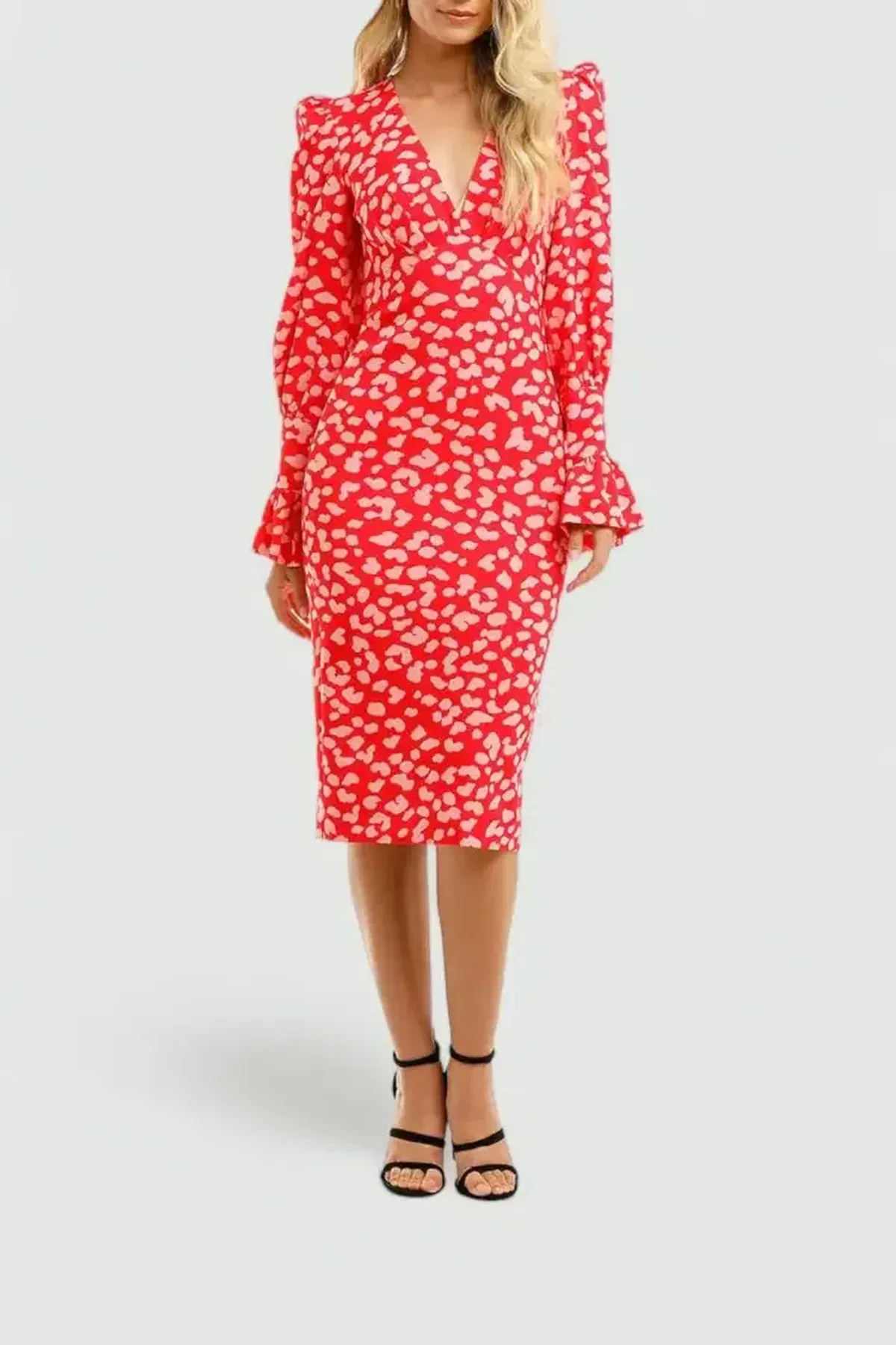 By Johnny Strawberry Leopard Tulip Midi Dress Print Size 8 - Image 2