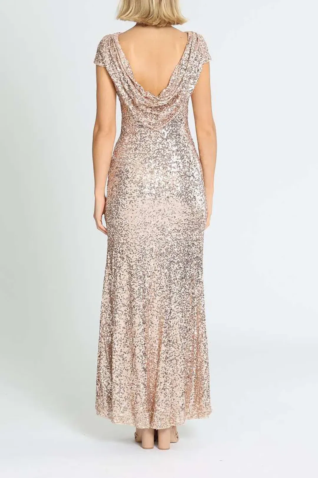 Badgley Mischka Sequin Cowl Back Gown Blush Size 16 for rent on The Volte - main image