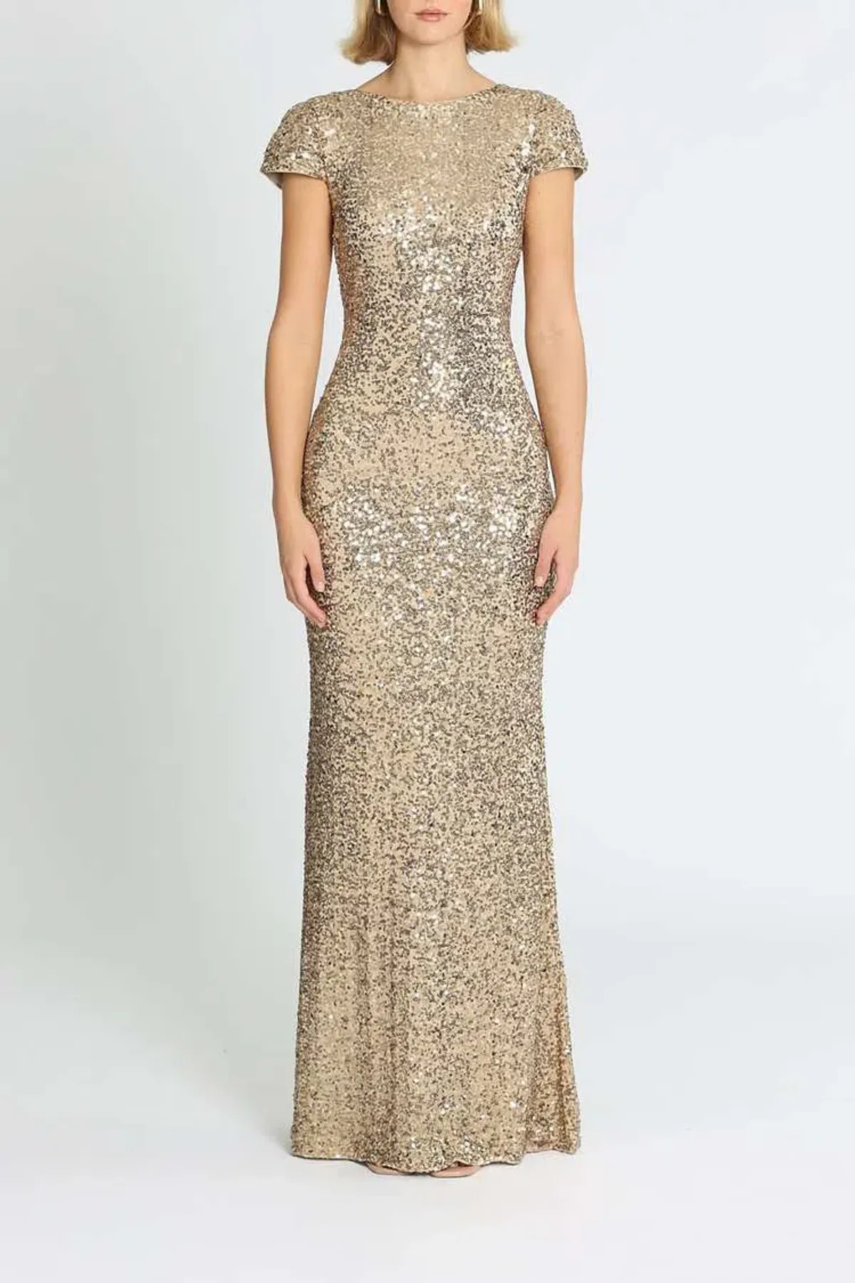 Badgley Mischka Sequin Cowl Back Gown Gold Size 8 - Image 1