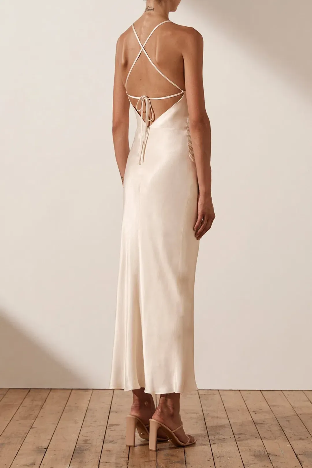 Shona Joy La Lune Gathered Square Neck Bias Midi Dress Cream Size 12 for rent on The Volte - main image