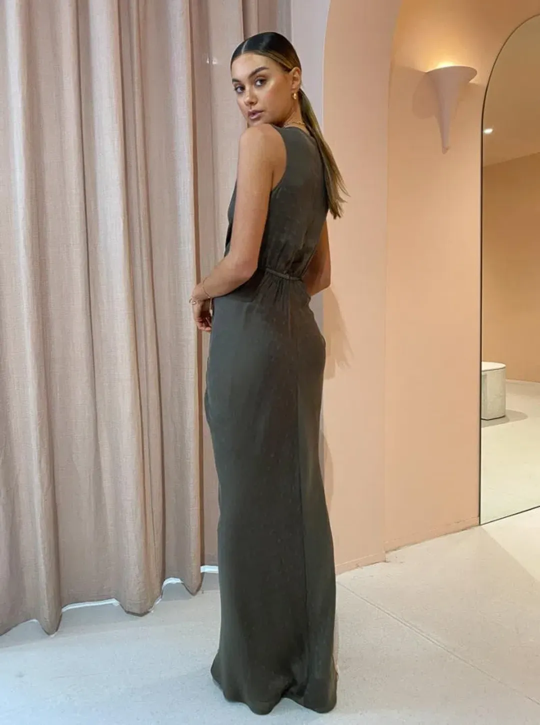 One Fell Swoop Gaia Maxi Dress in Lotus Suede Size 12  for rent on The Volte - main image