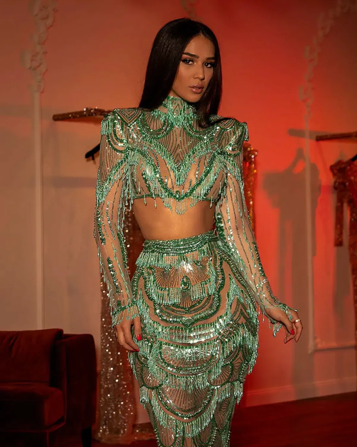 Albina Dyla Beaded Top & Skirt Set Green Size 6 - Image 2