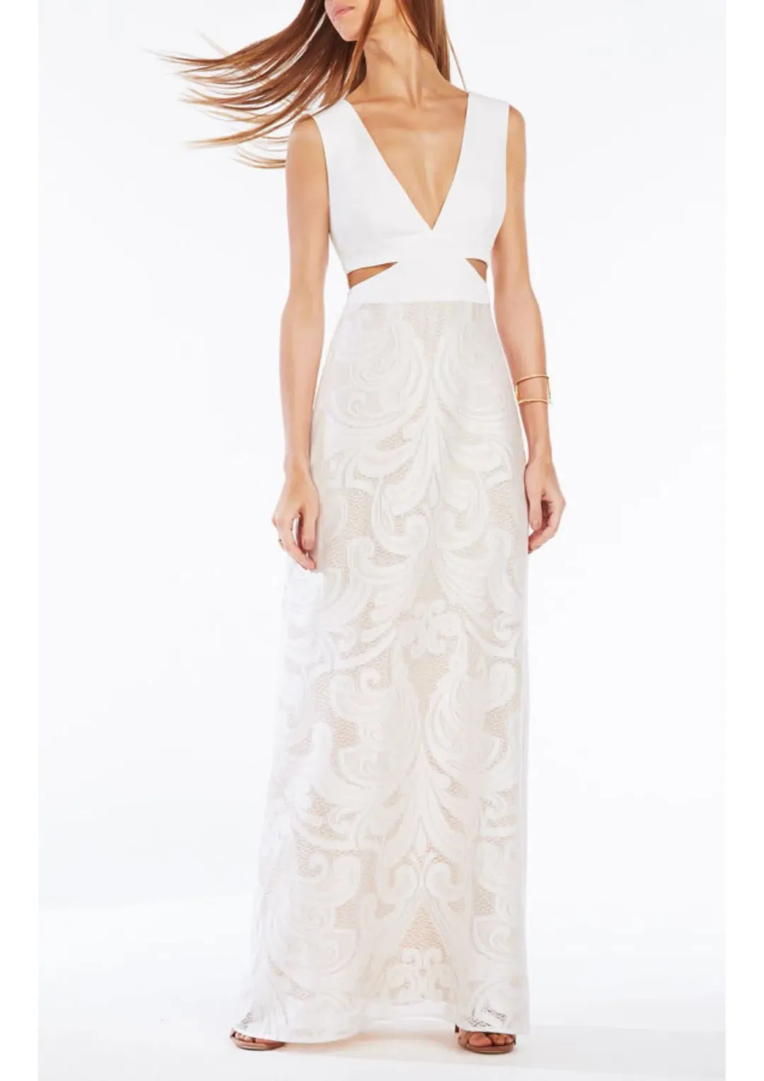 BCBGMAXAZRIA Marilyne Swirl Lace Cutout Formal Dress White Size 4 for rent on The Volte - main image