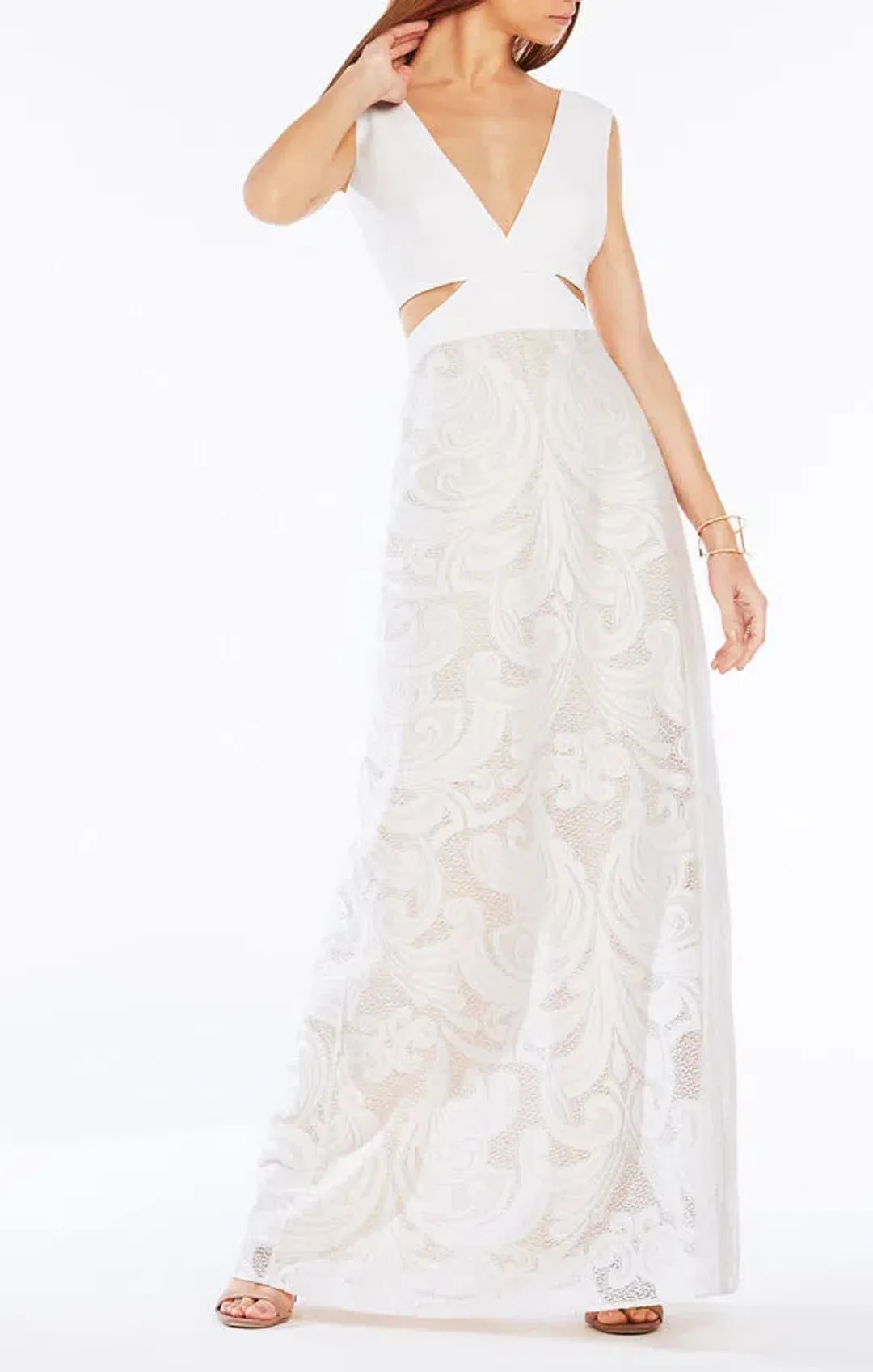 BCBGMAXAZRIA Marilyne Swirl Lace Cutout Formal Dress White Size 4 for rent on The Volte - main image