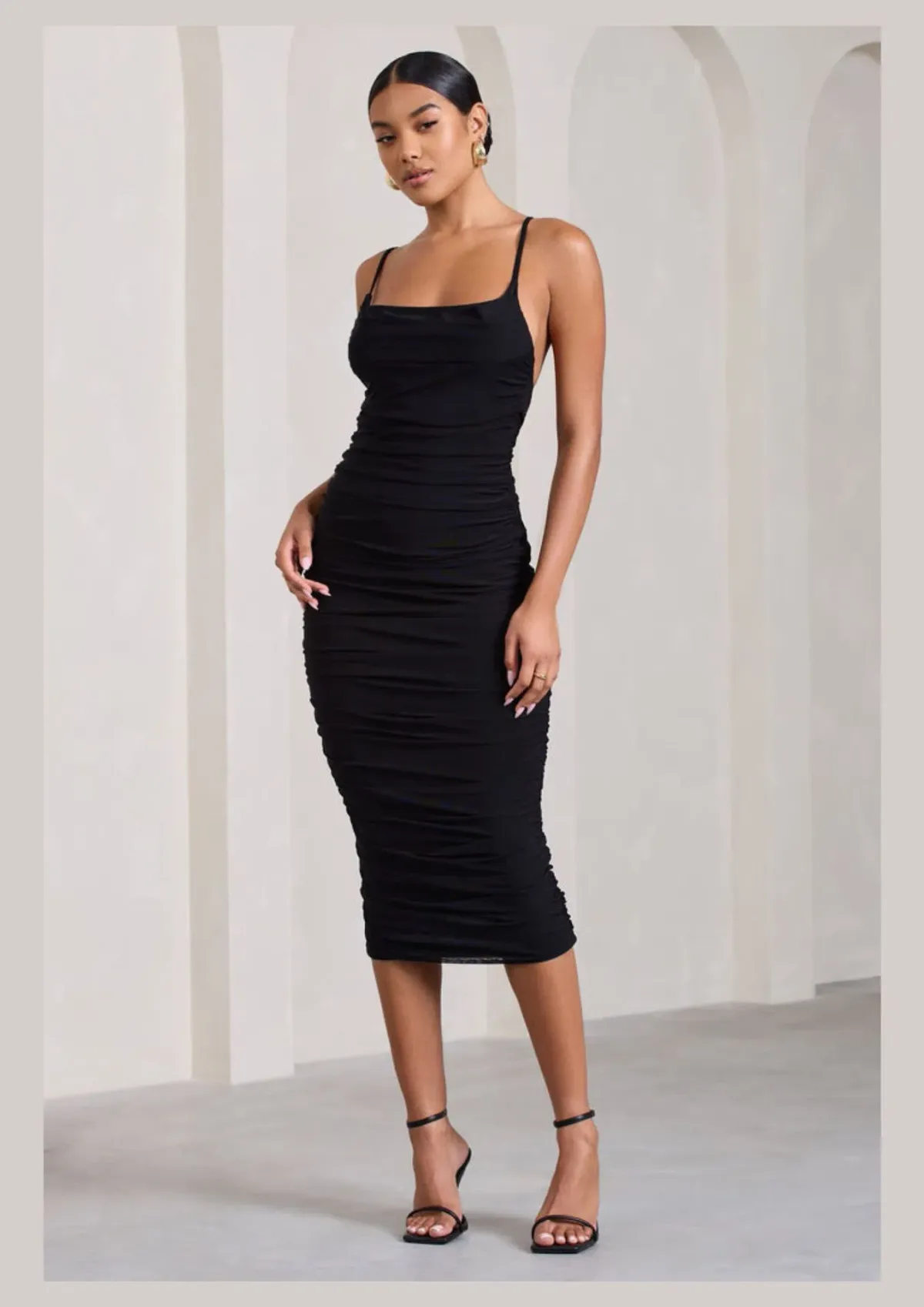 Club L London Bree Ruched Mesh Strappy Bodycon Midi Dress Black Size 10 - Image 1