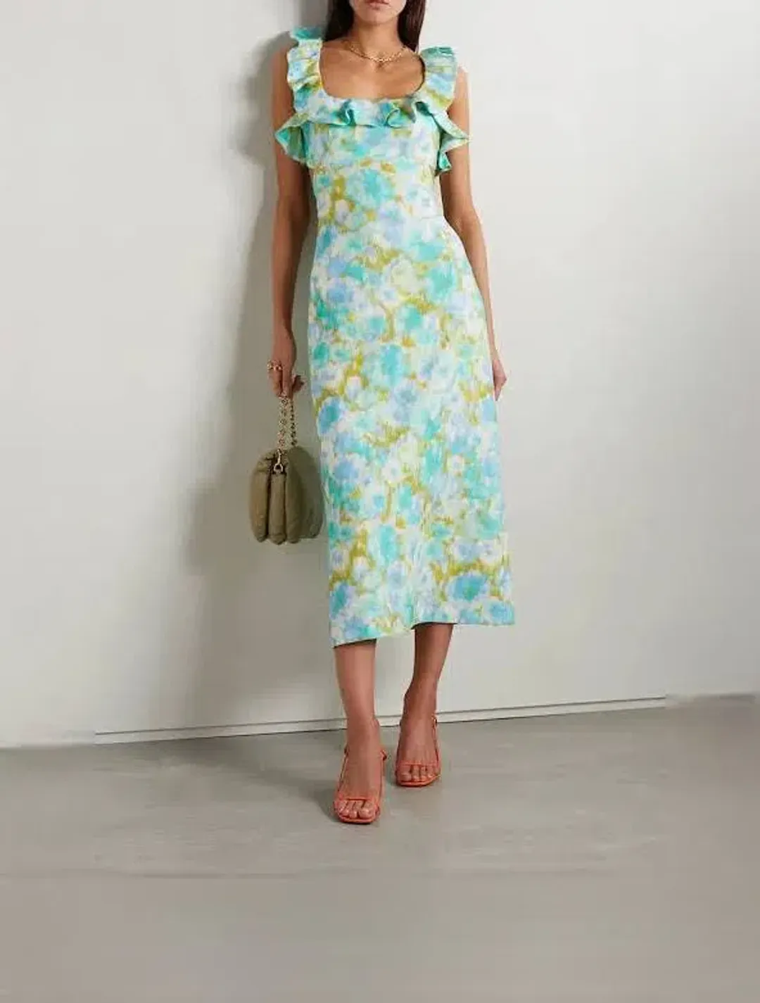 Zimmermann High Tide Frilled Midi Dress in Aqua Ikat Floral Size 1 / AU 10 for rent on The Volte - main image