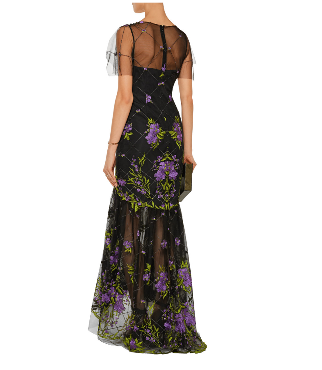 Marchesa Notte High Low Illusion Tulle Gown Dress Black Floral Size 8 for rent on The Volte - main image