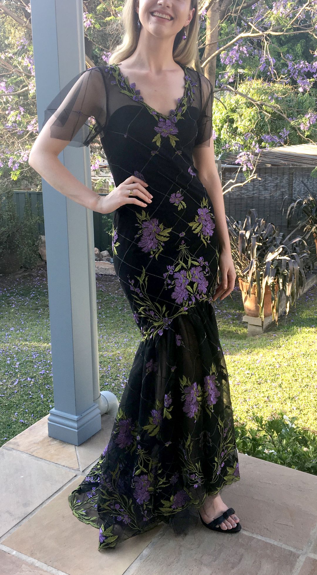 Marchesa Notte High Low Illusion Tulle Gown Dress Black Floral Size 8 for rent on The Volte - main image