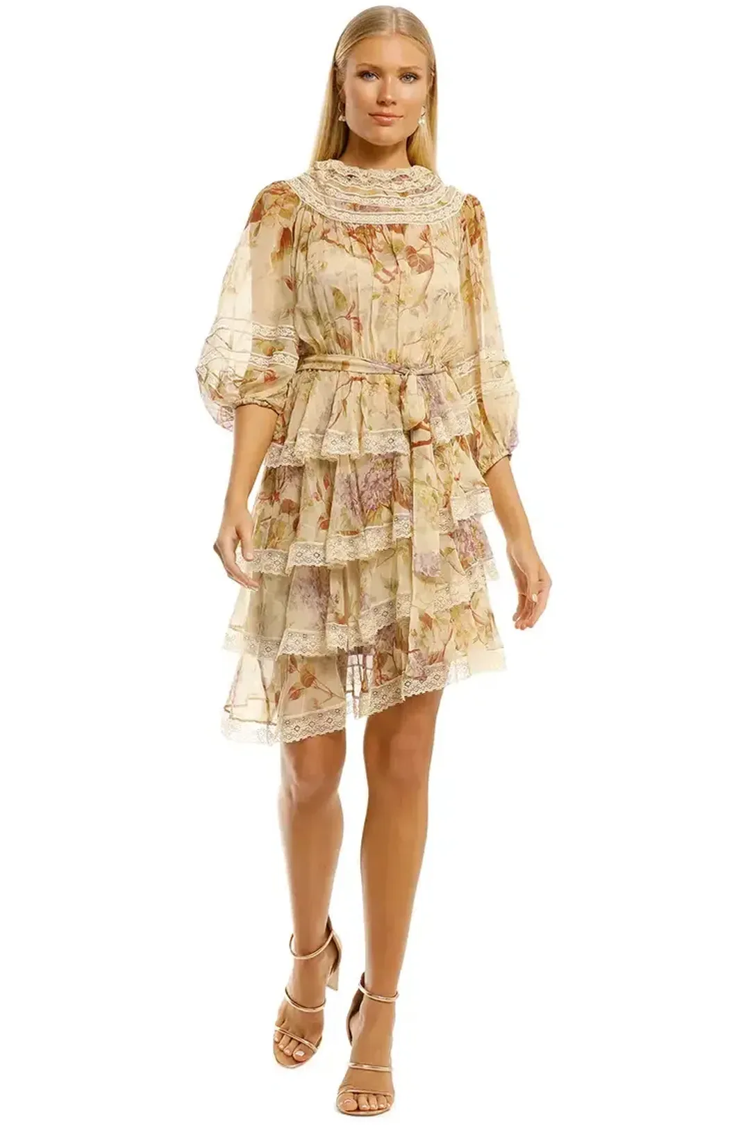 Zimmermann Sabotage Tiered Lace Mini Dress in Cream Wisteria Size 12 AU for rent on The Volte - main image