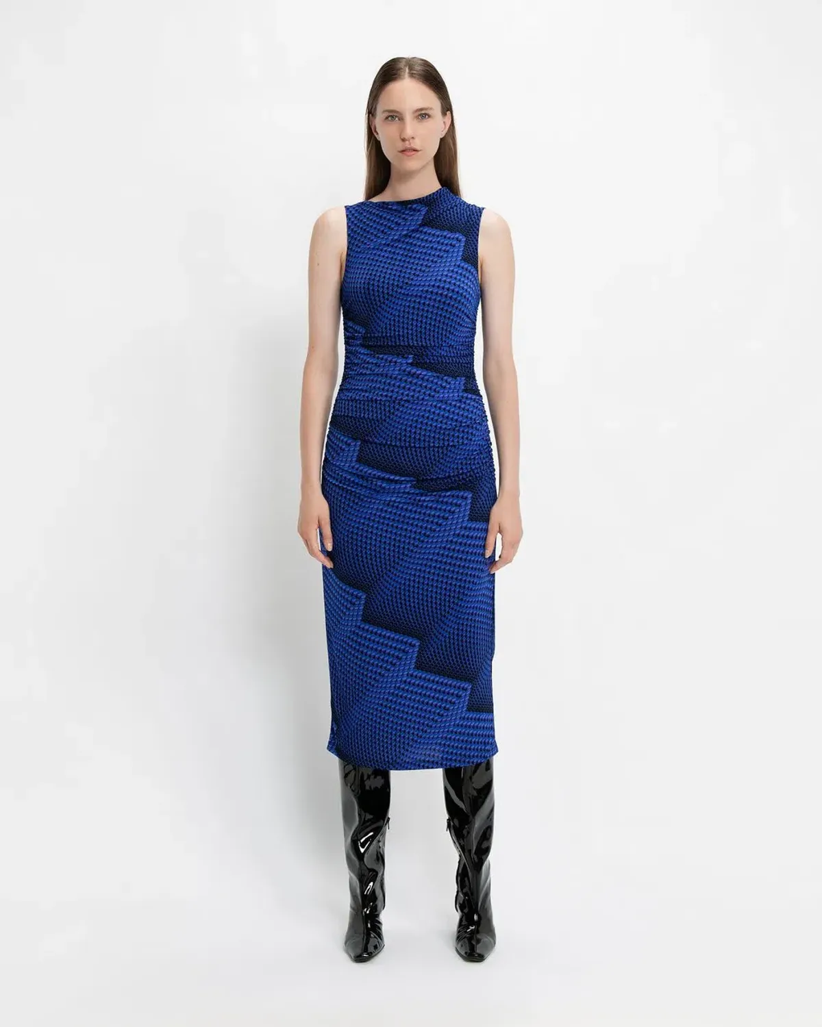 Cue Jersey Rushed Dress Blue Print Size 8  - Image 1