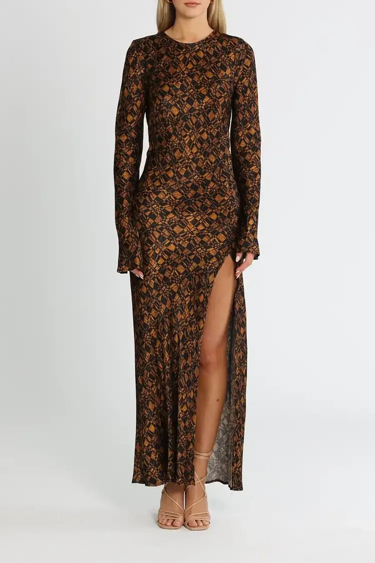 Bec and Bridge Checkmate Long Sleeve Maxi Dress in Brown Print Size 8 - Image 2