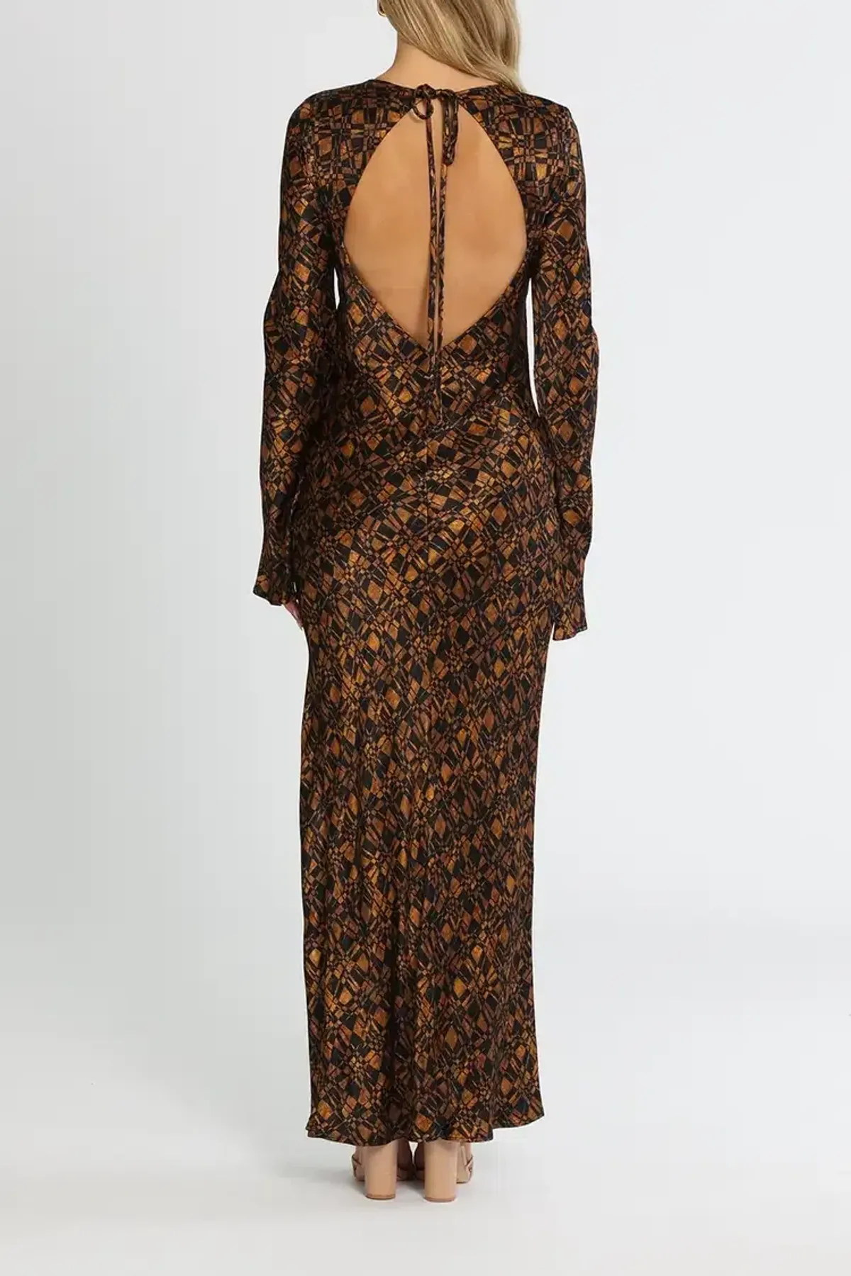 Bec and Bridge Checkmate Long Sleeve Maxi Dress in Brown Print Size 8 - Image 4
