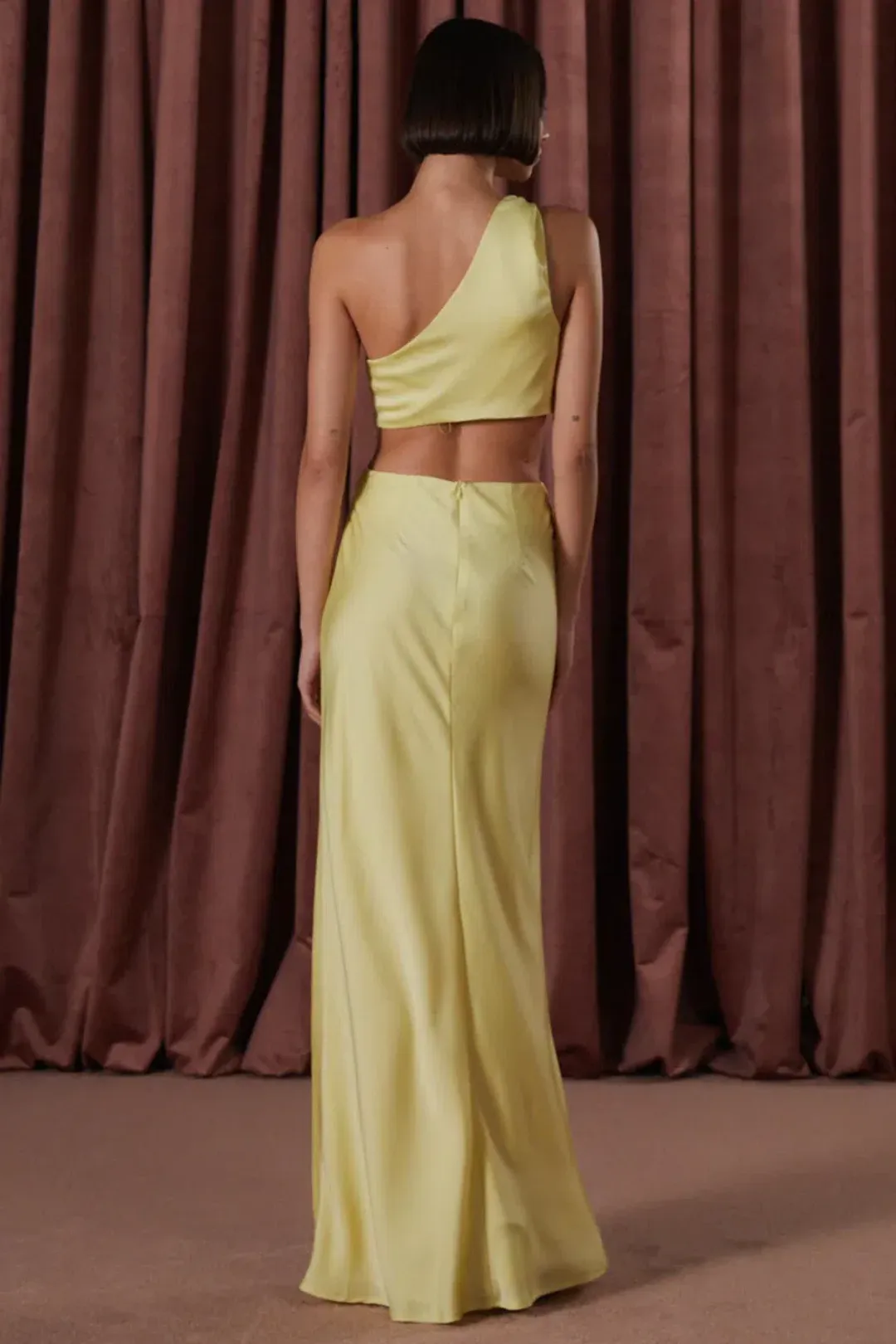 MISHA Kristin Satin Gown Soft Lime Yellow Size 8/S  for rent on The Volte - main image