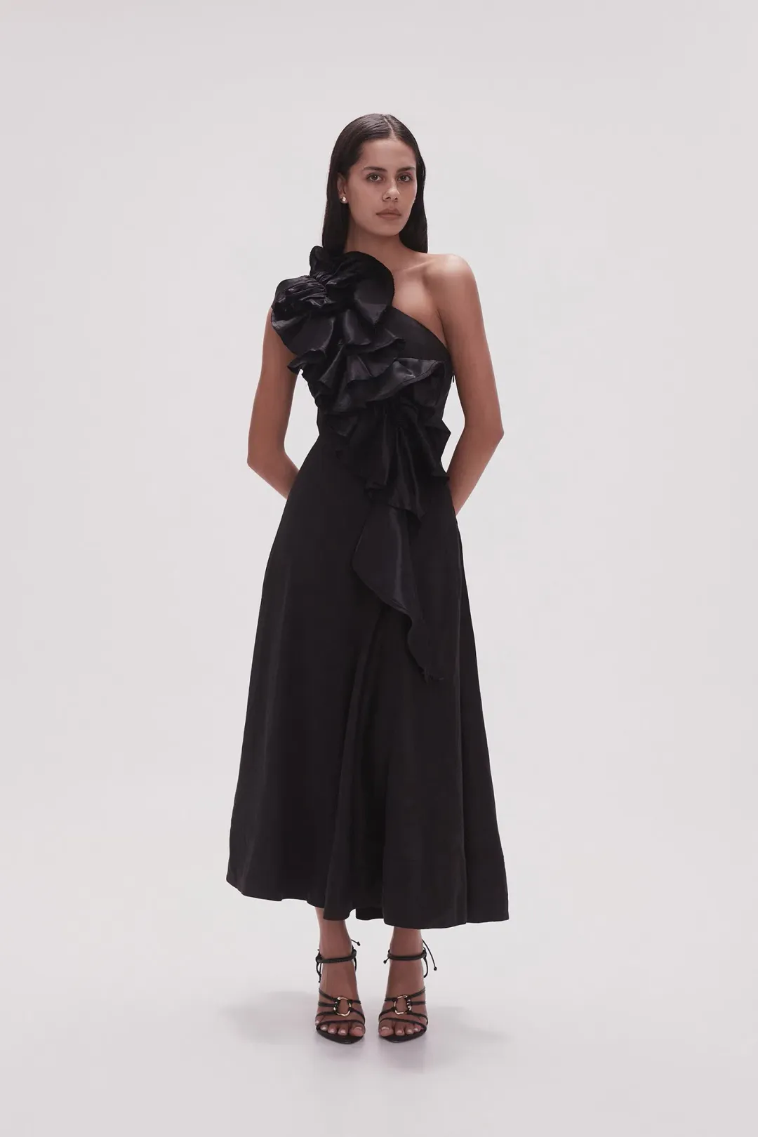 Aje Adelia Ruffle Midi Dress Black Size 6 for rent on The Volte - main image