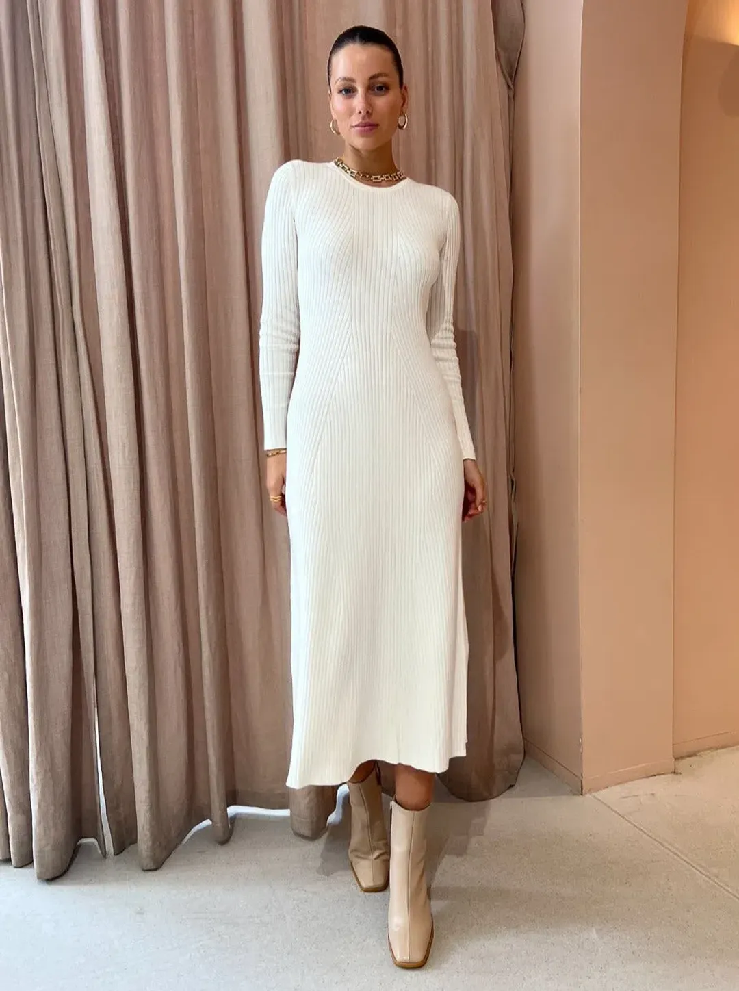 Elka Collective Linea Knit Midi Dress Ivory Size 6 for rent on The Volte - main image