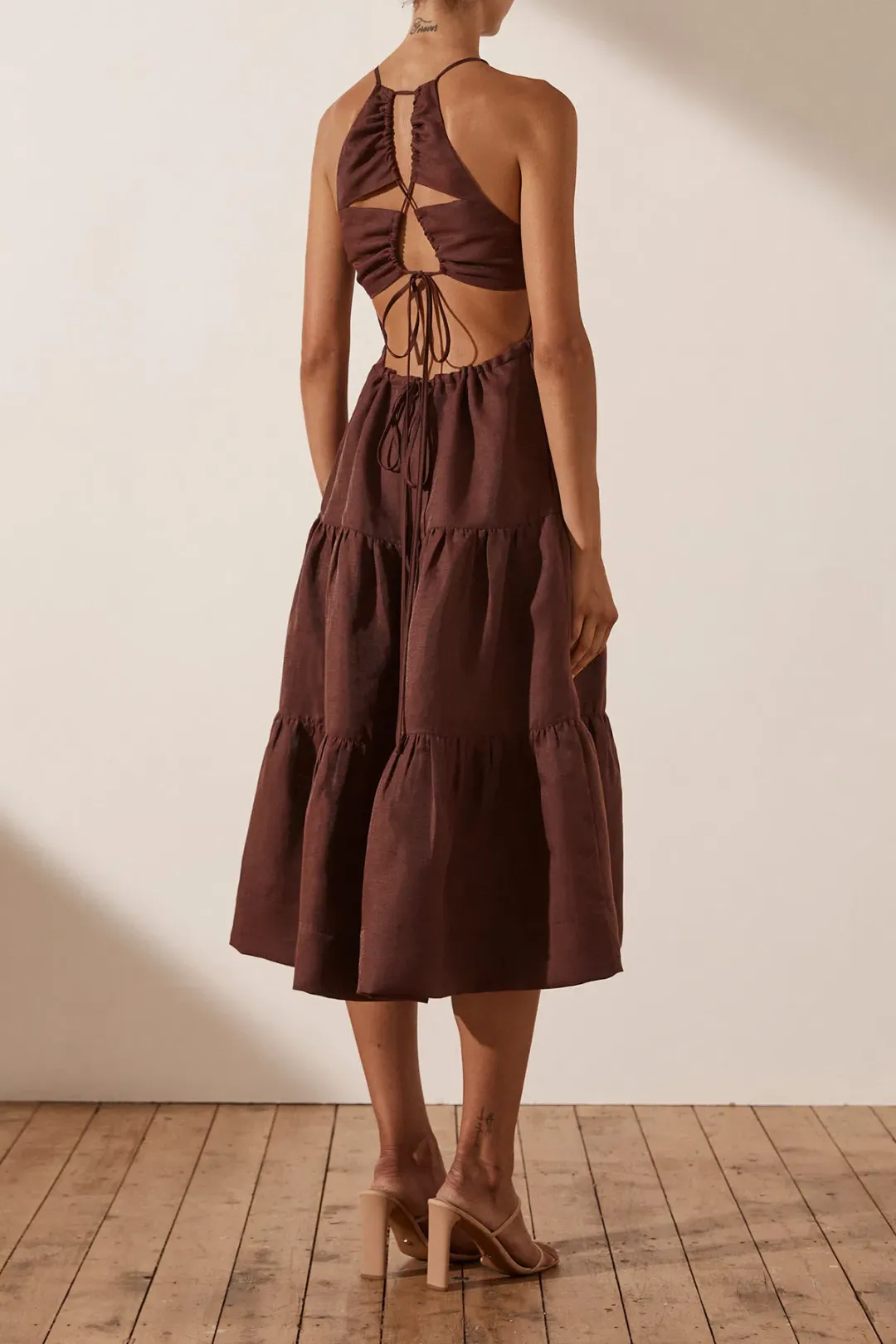 Shona Joy Marlene Open Back Tiered Midi Dress in Chocolate Size 6 for rent on The Volte - main image