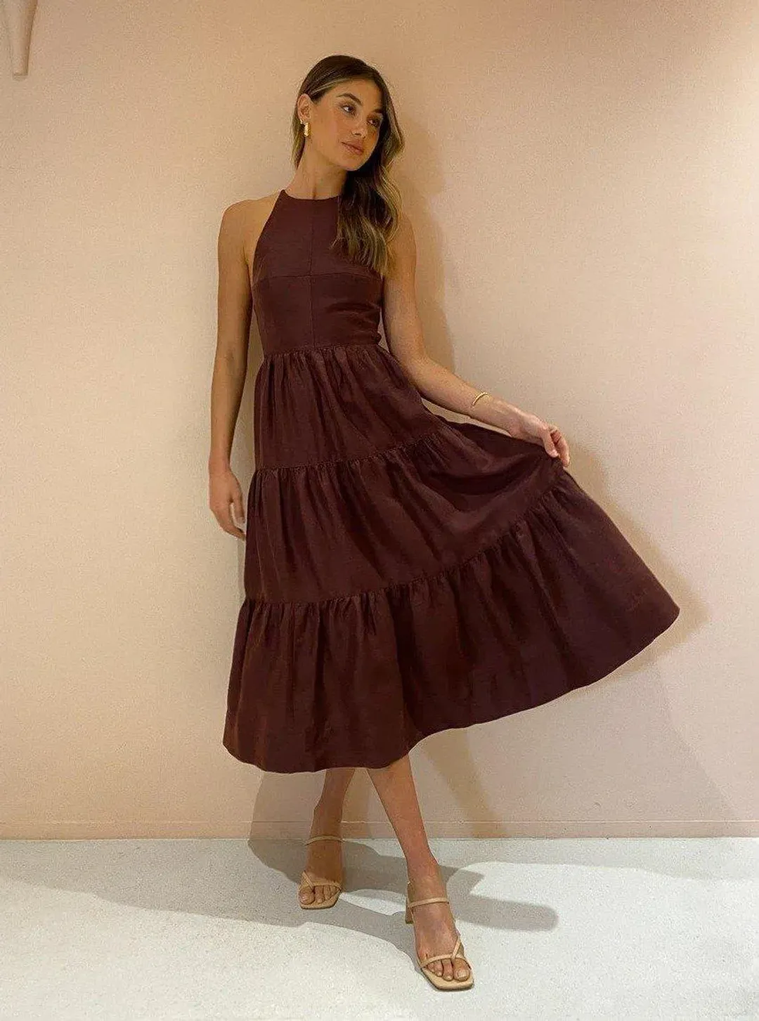 Shona Joy Marlene Open Back Tiered Midi Dress in Chocolate Size 6 for rent on The Volte - main image