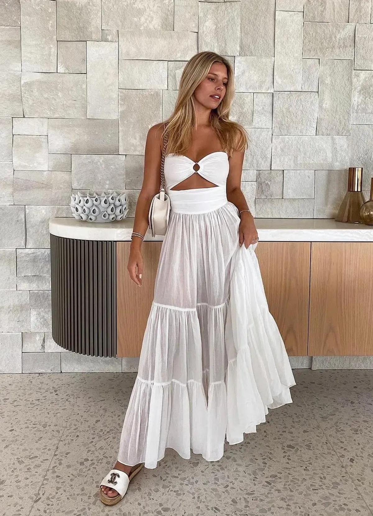 Bec and Bridge Miami Palm Tiered Maxi Dress in White Size 6 - Image 1