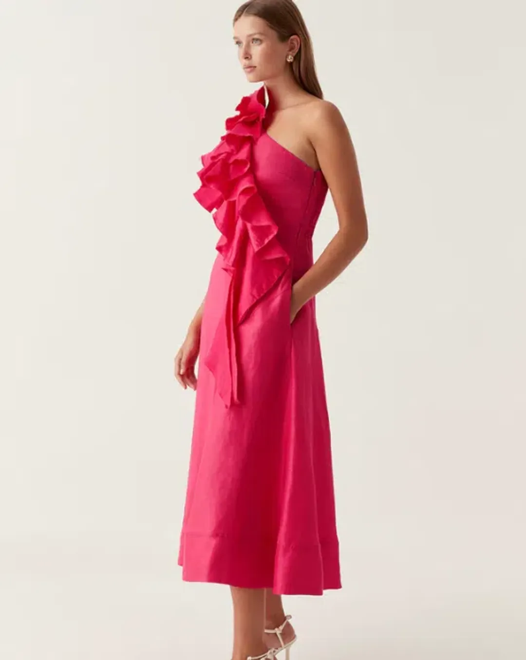 Aje Adelia Ruffle Midi Dress in Pink Size 8 for rent on The Volte - main image