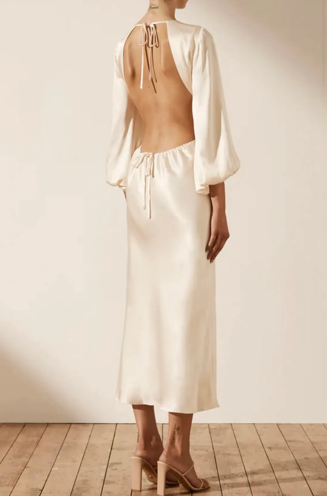 Shona Joy La Lune Open Back Balloon Sleeve Midi Dress Cream Size 6 for rent on The Volte - main image