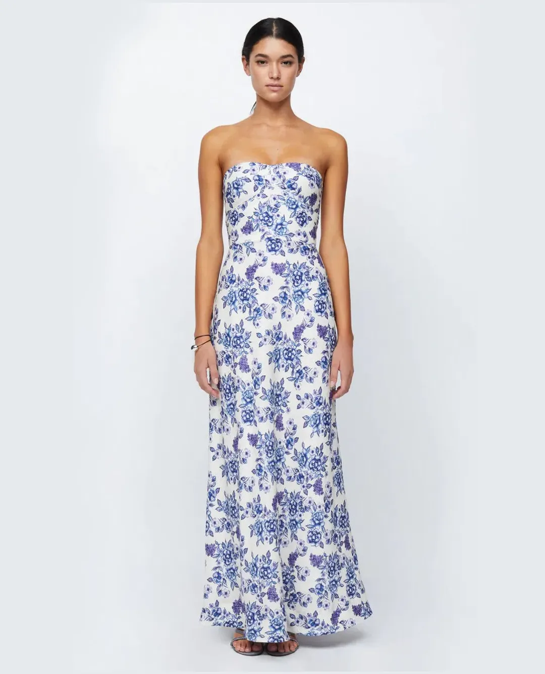 Bec & Bridge Audette Floral White Blue Strapless Linen Maxi Dress Floral Size XS/ AU 6  for rent on The Volte - main image