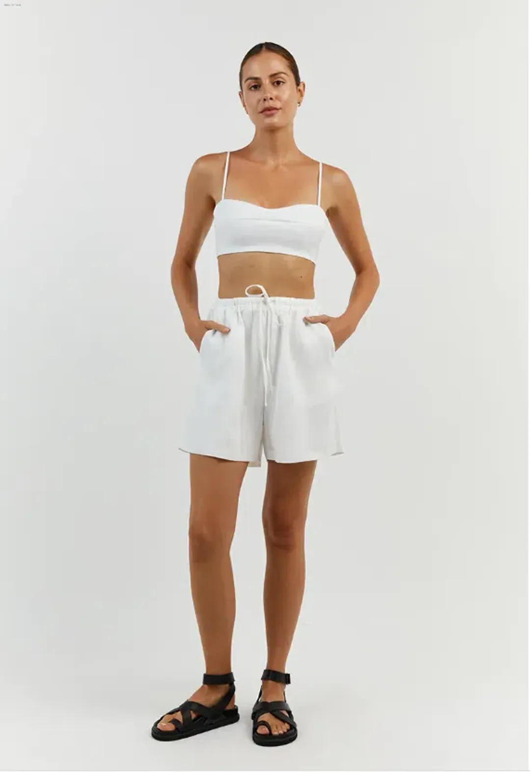 DISSH Aisle Linen Tier Long Skirt and Vienna Linen Curved Crop Top Set White Size 6 AU for rent on The Volte - main image
