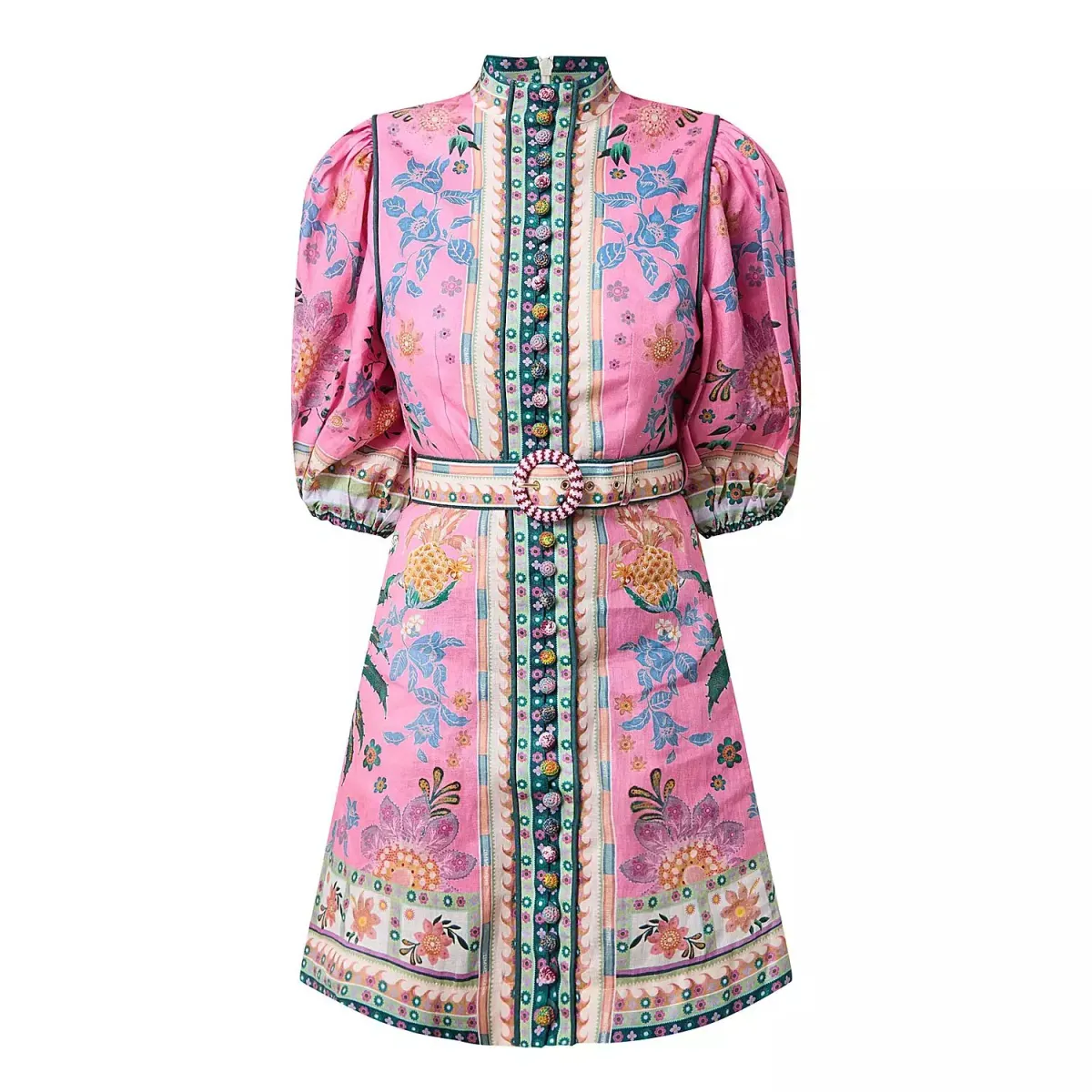 Zimmermann Ginger Buttoned Mini Dress Pink Multi Size 3/Au 14 - Image 3