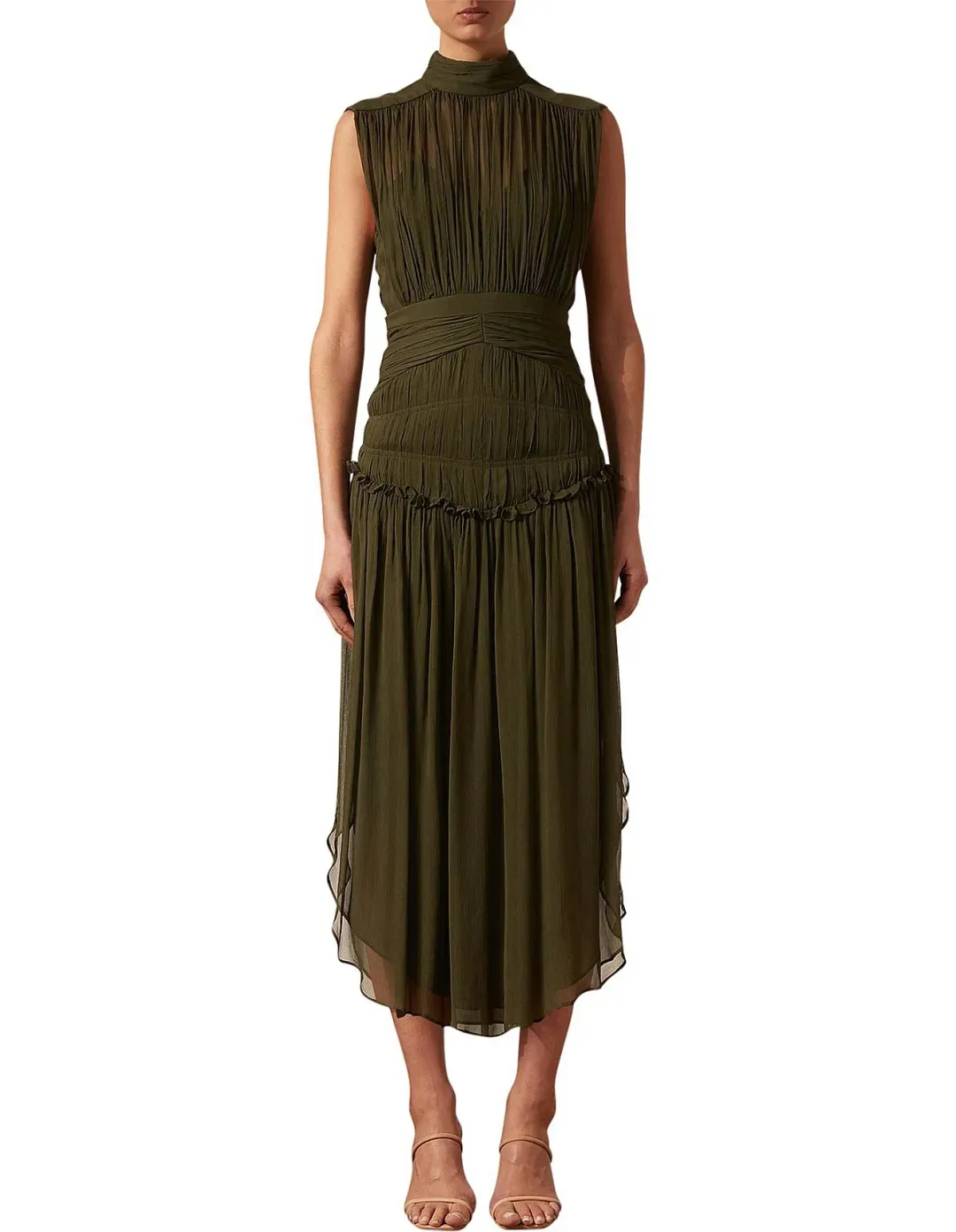 Shona Joy Safira Sleeveless Open Back Midi Dress in Olive Green Size 6 for rent on The Volte - main image