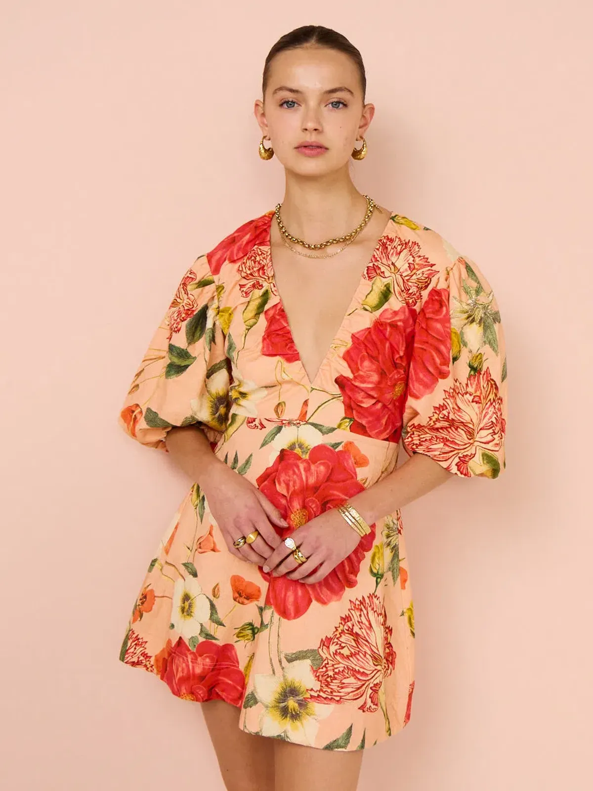 By Nicola Raspberry Ruched Neckline Mini Dress Floral Size 10 - Image 2