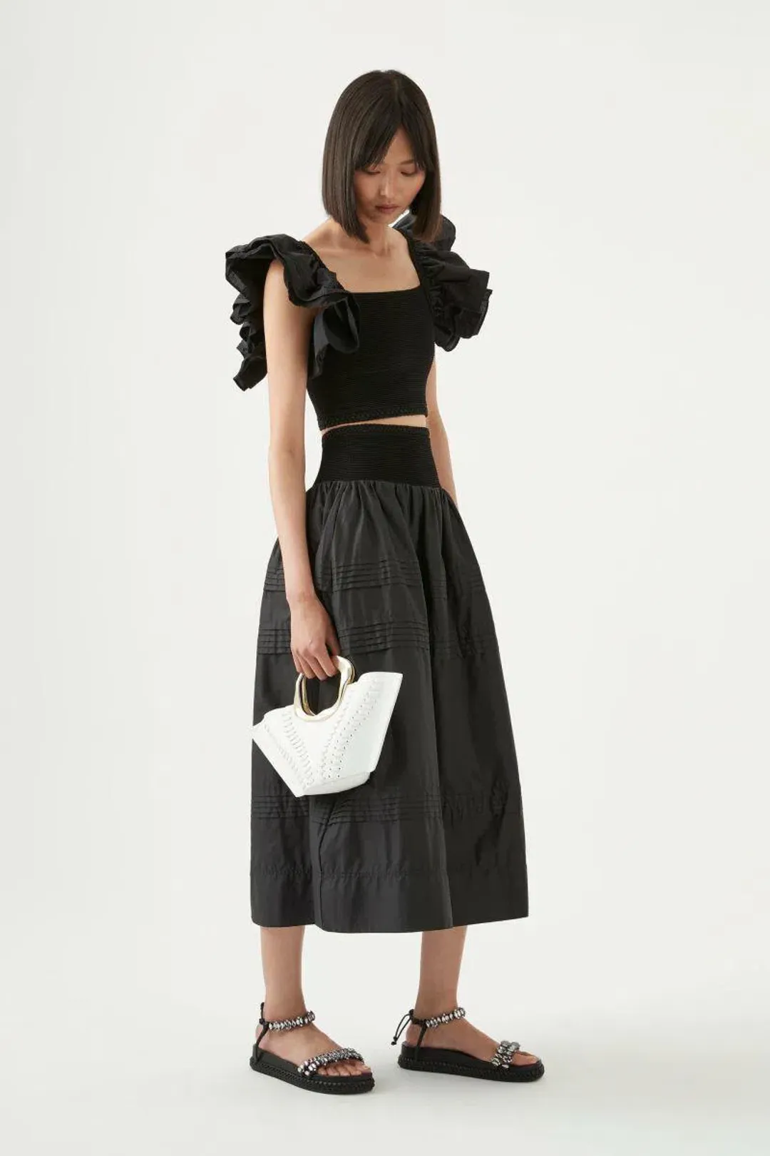 Aje Corinne Knit Bodice Crop Top and Rosalie Knit Waist Midi Skirt Set in Black Size XL / AU 16 for rent on The Volte - main image